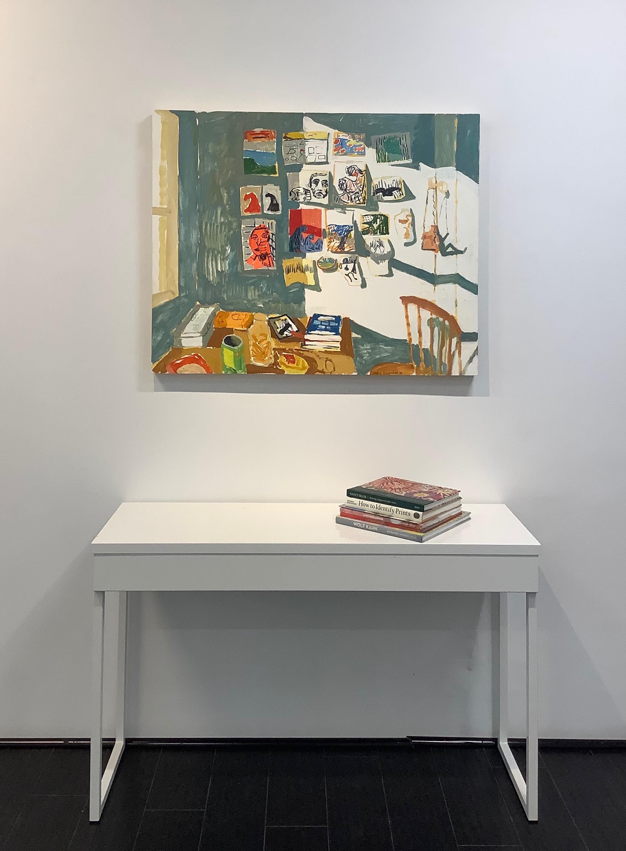 Maddie's Wall, Interior with Window, Paintings, Still Life, Table, Wooden Chair - Brown Interior Painting by Sophie Treppendahl