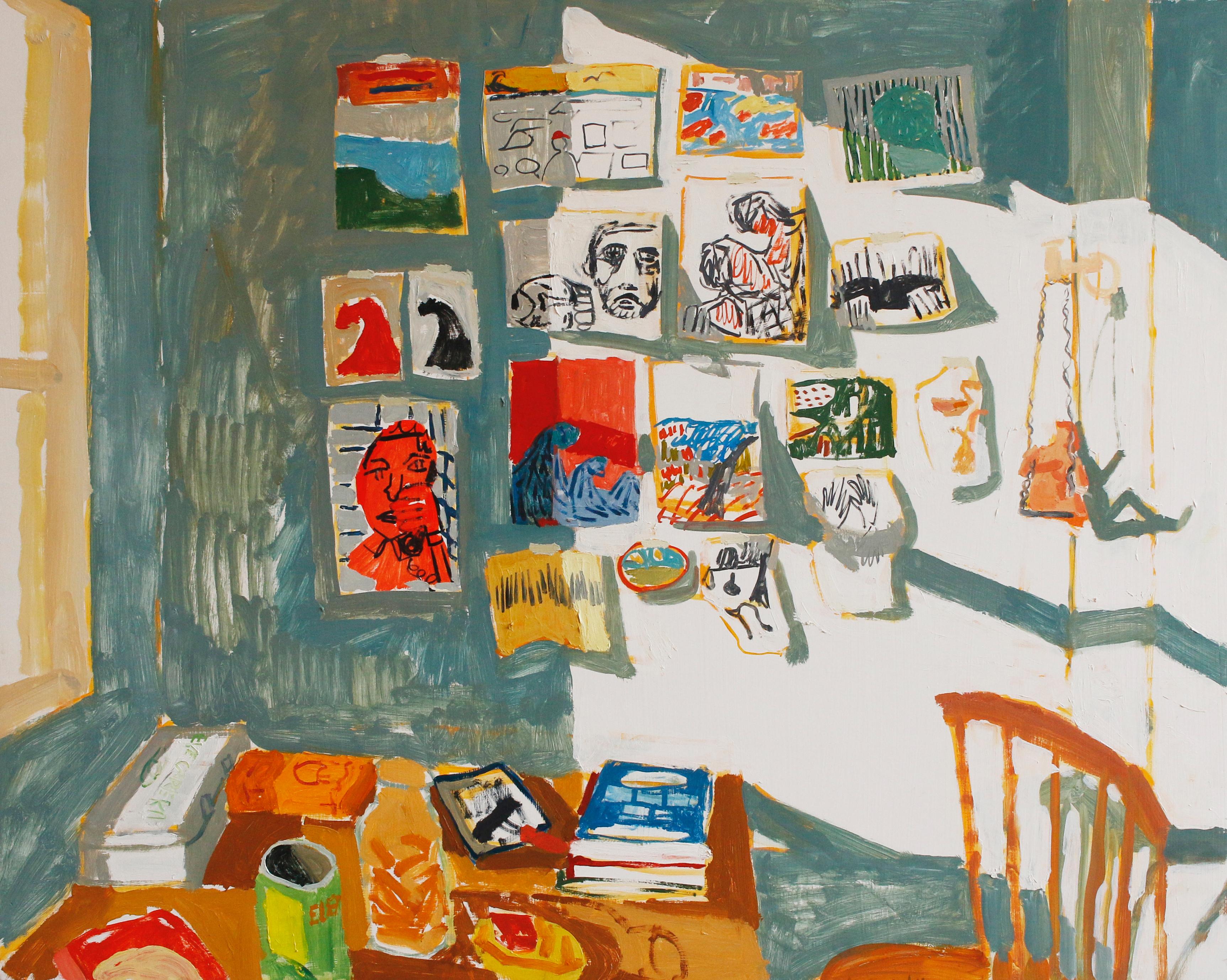 Sophie Treppendahl Interior Painting - Maddie's Wall, Interior with Window, Paintings, Still Life, Table, Wooden Chair