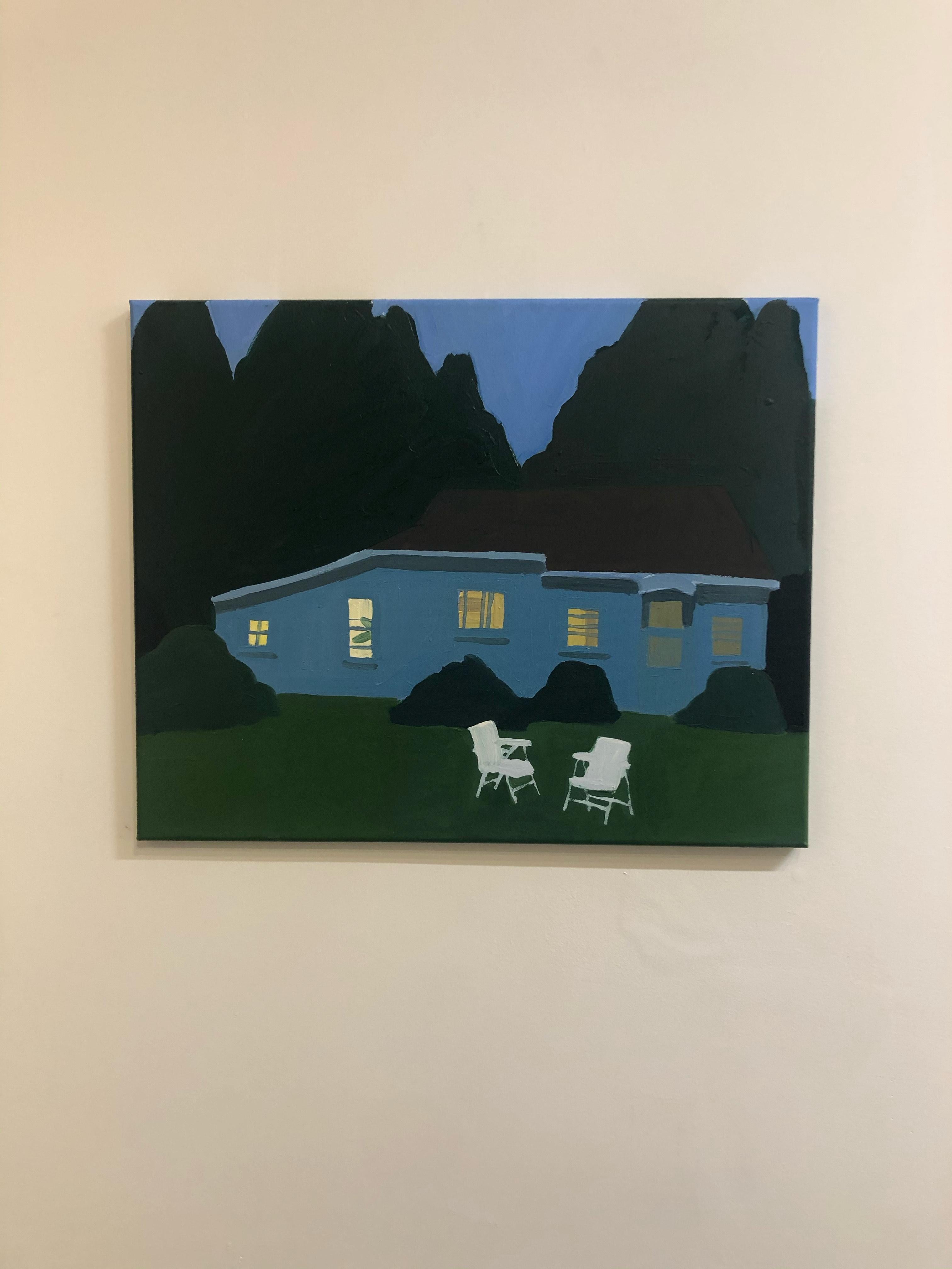 Night Cabin in Chief, Landscape Painting, Lawn Chairs, House in Blue and Green  1