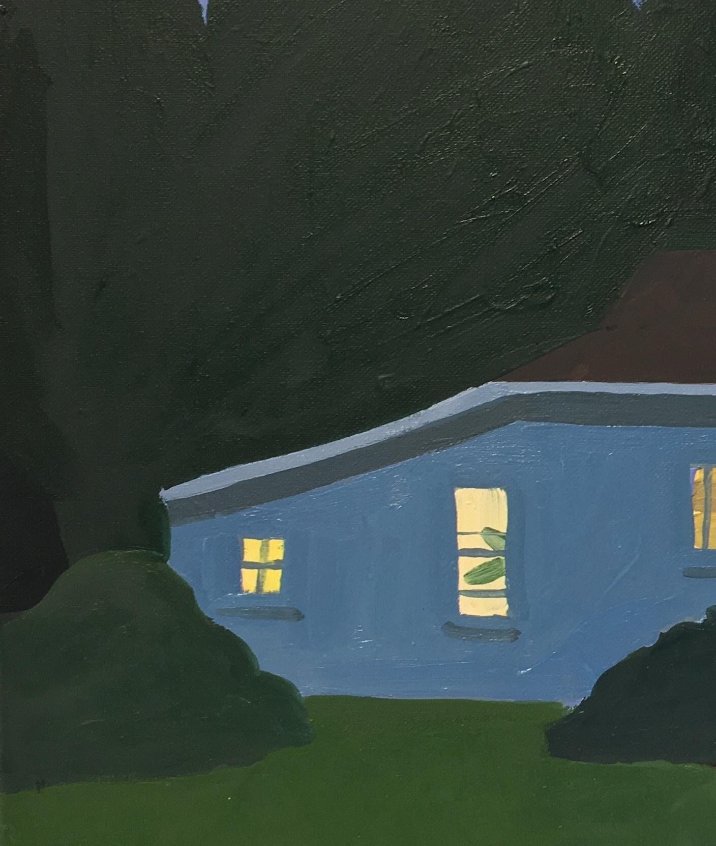 Night Cabin in Chief, Landscape Painting, Lawn Chairs, House in Blue and Green  2