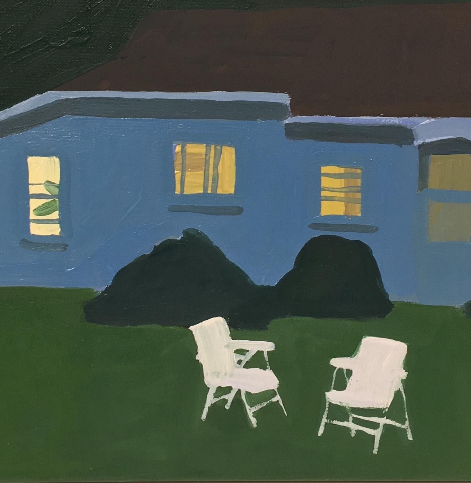 Night Cabin in Chief, Landscape Painting, Lawn Chairs, House in Blue and Green  3