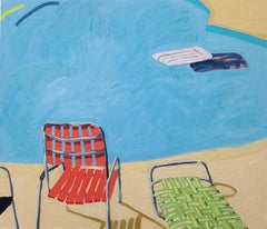 Used Pool Chairs Raft and a Yellow Noodle, Bright Blue Water Pool, Red, Green Chairs