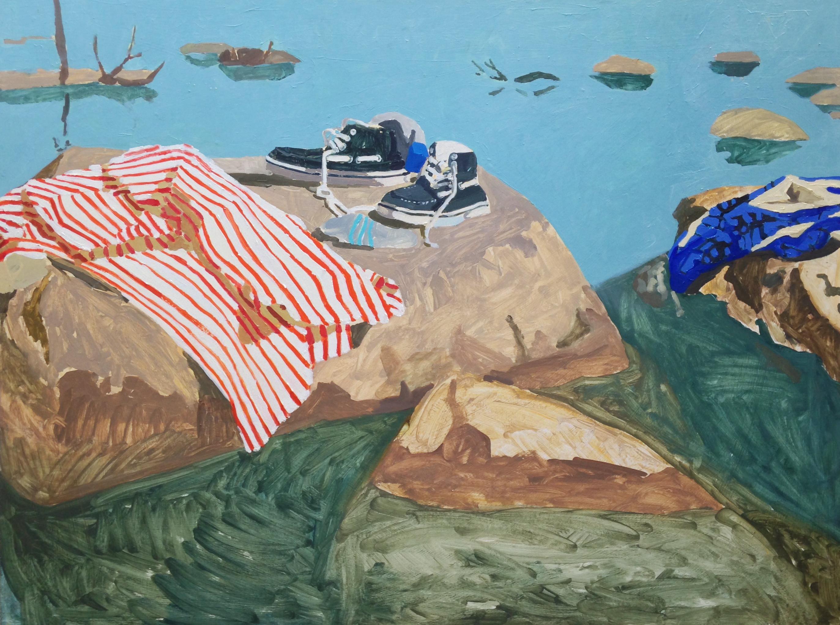 Sophie Treppendahl - River Stripes Afternoon, River Landscape, Blue Water,  Red and White Shirt, Shoes at 1stDibs