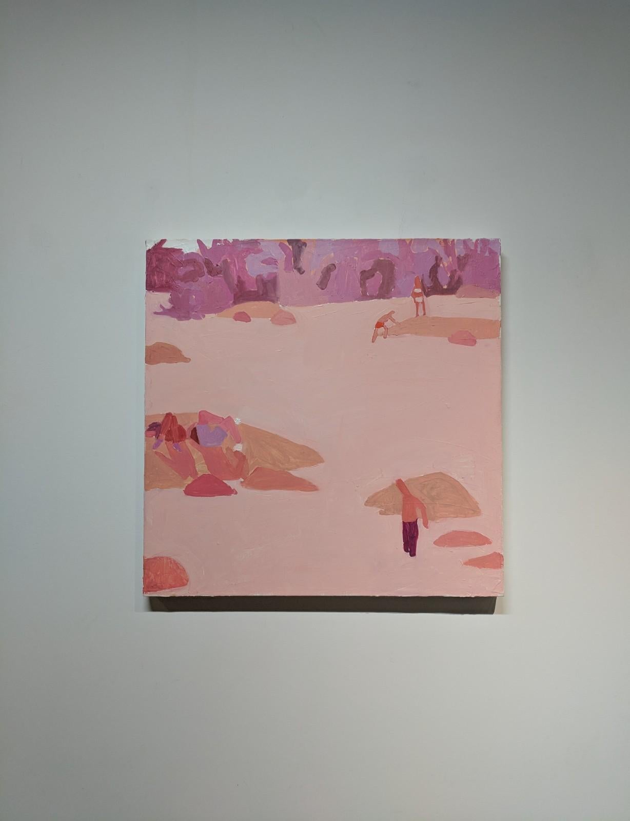 Rose James, Swimmers in River, Summer Landscape in Pinks, Red and Peach - Painting by Sophie Treppendahl