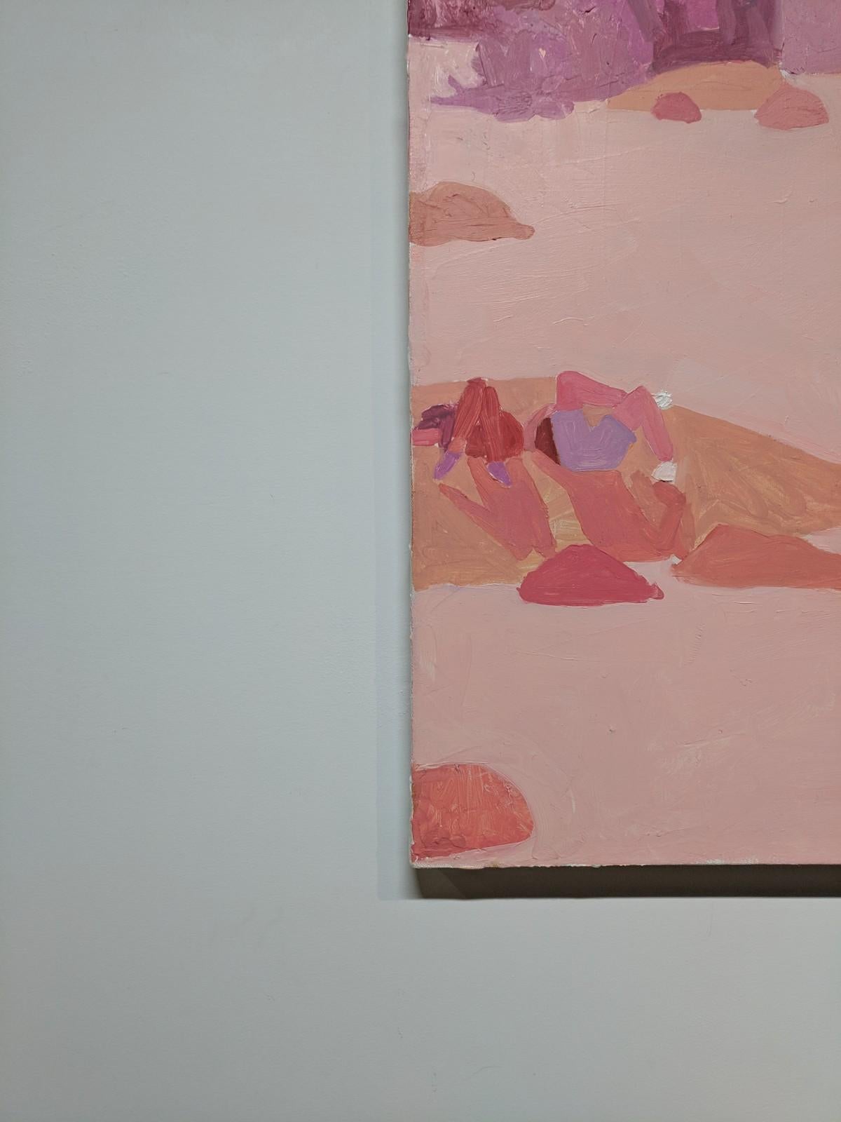 Rose James, Swimmers in River, Summer Landscape in Pinks, Red and Peach - Contemporary Painting by Sophie Treppendahl