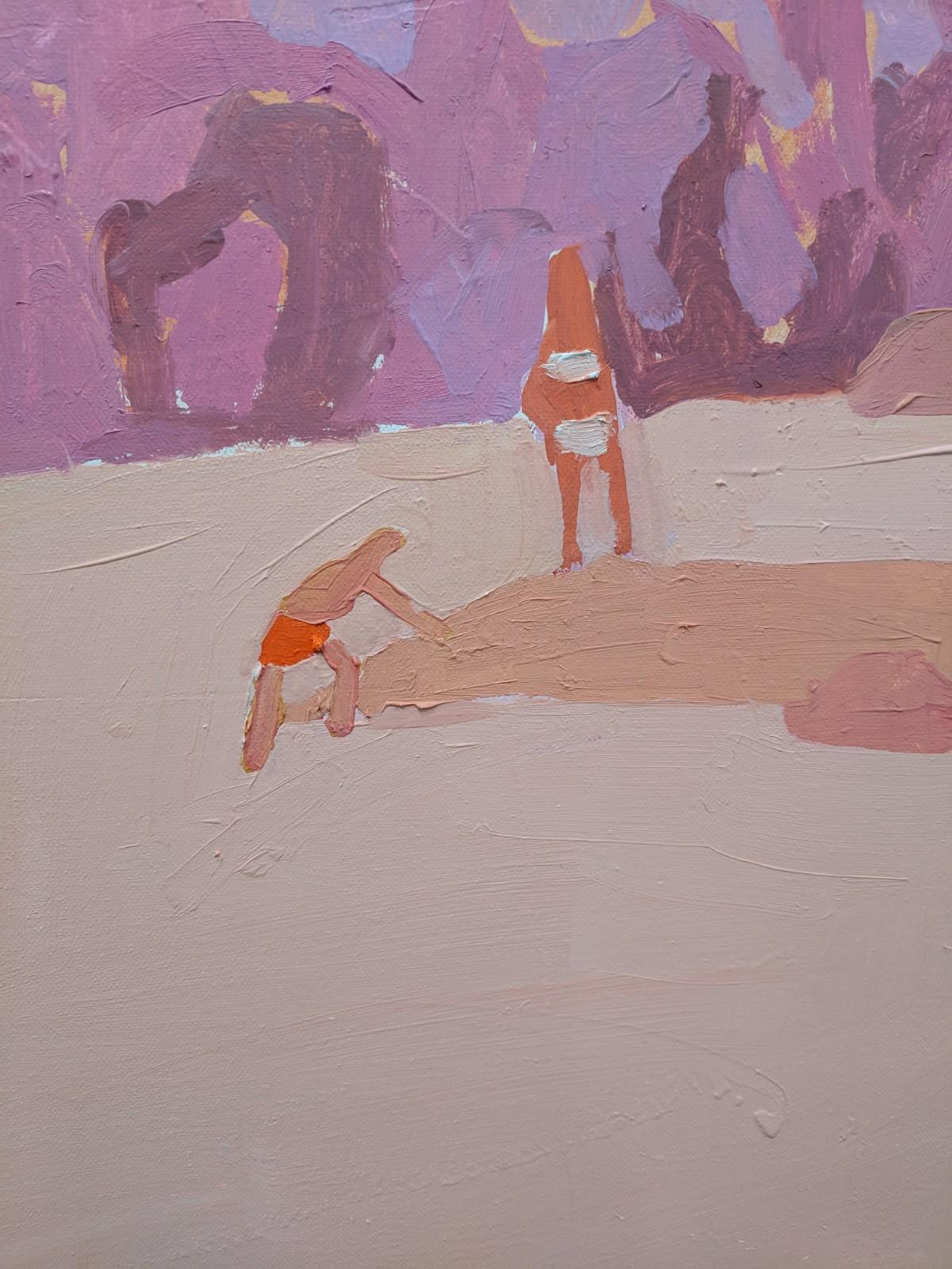 Rose James, Swimmers in River, Summer Landscape in Pinks, Red and Peach 1