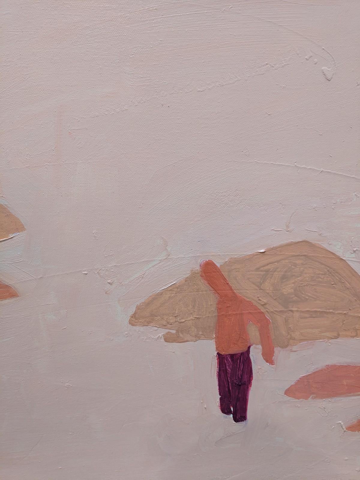 The uplifting mood and light of a summer afternoon is captured in this peaceful landscape painting by Virginia artist Sophie Treppendahl. Multiple figures wade, swim or sunbathe on rocks in this idyllic river scene depicted in shades of pink, peach,