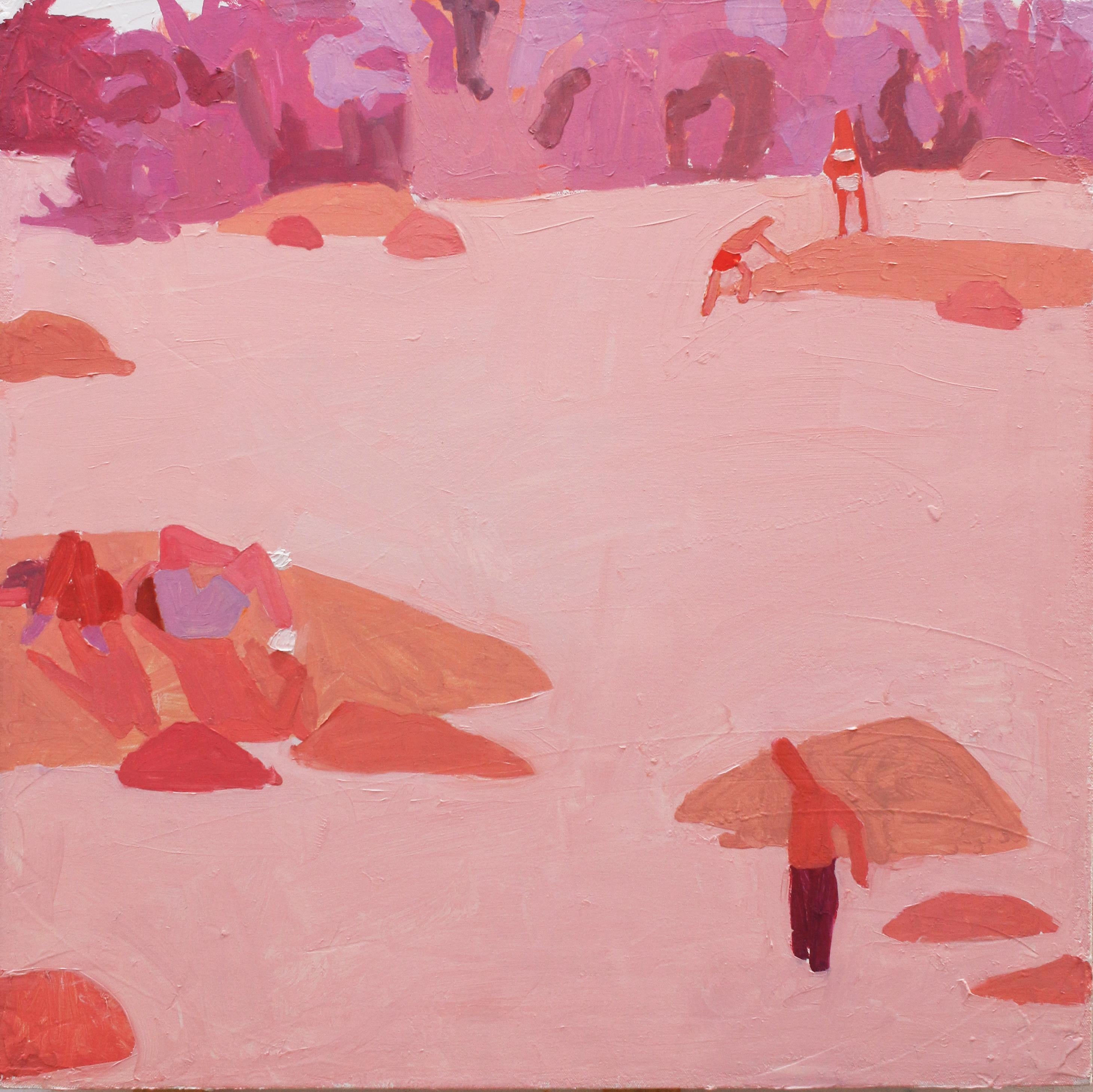 Sophie Treppendahl Figurative Painting - Rose James, Swimmers in River, Summer Landscape in Pinks, Red and Peach
