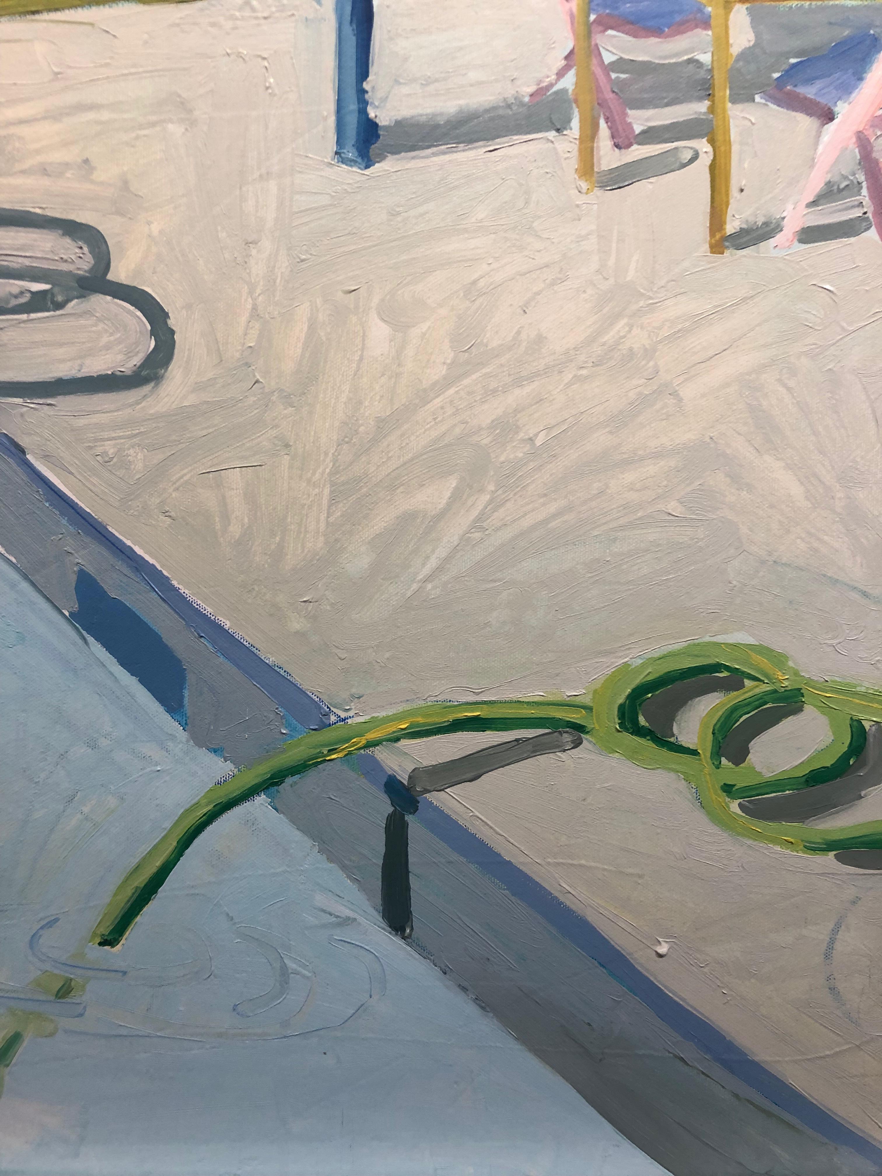 Salad Days, Hose, Landscape Painting with Pool and Hose in Soft Blue and Green  2