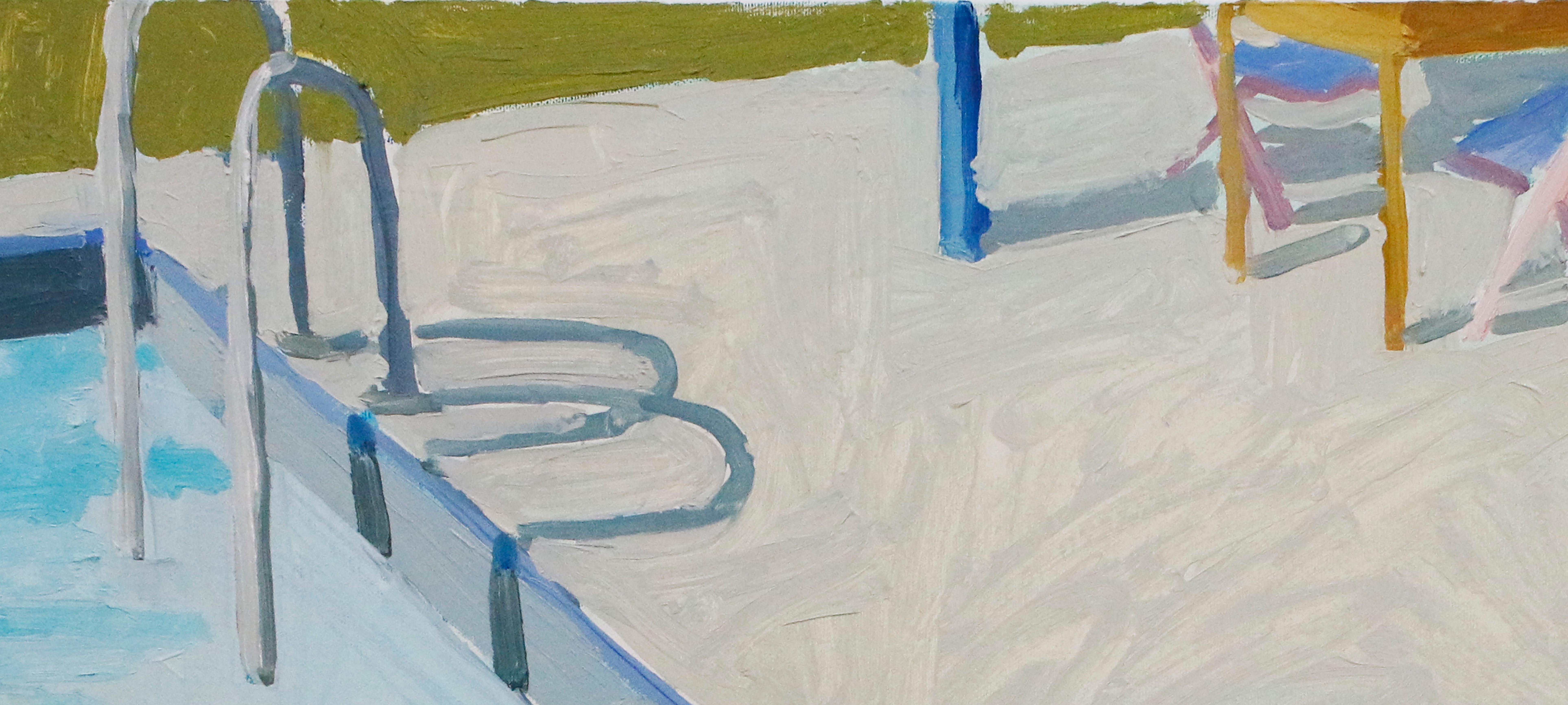 Salad Days, Hose, Landscape Painting with Pool and Hose in Soft Blue and Green  3