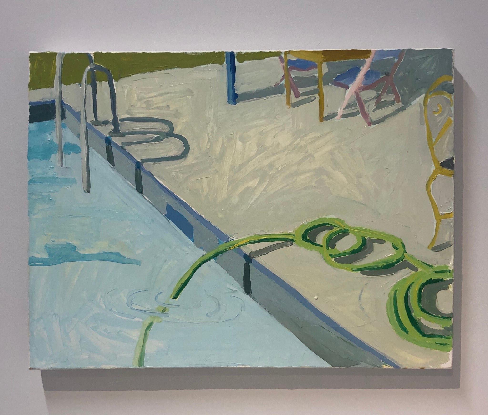In this landscape painting by Sophie Treppendahl, a swimming pool with a green hose by the edge and a pink chair capture the essence of summer days spent lounging by the pool. The light shades of green and blue are bright and lively as a clear,