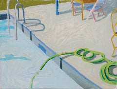 Salad Days, Hose, Landscape Painting with Pool and Hose in Soft Blue and Green