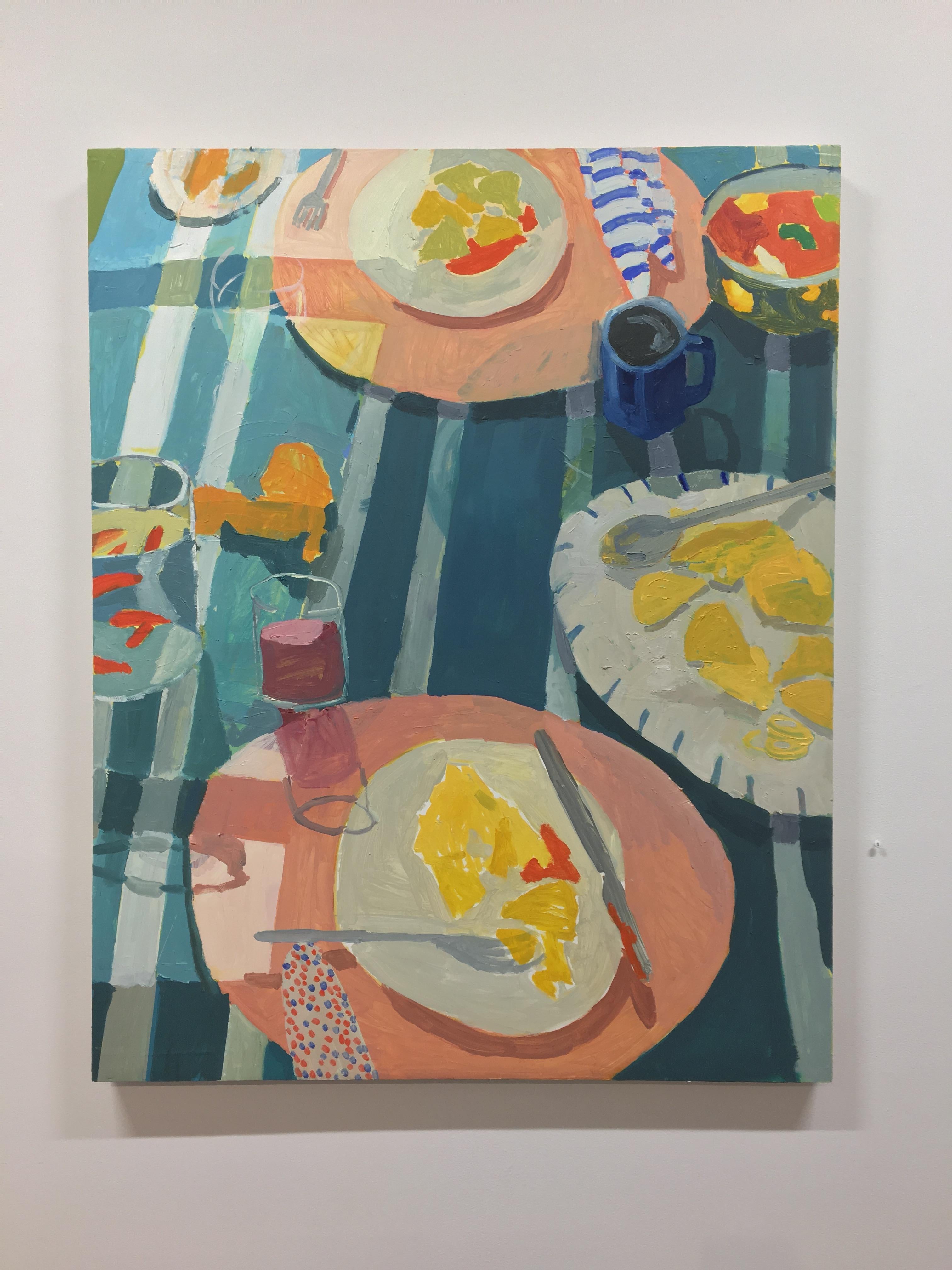 Seven Men in Oaxaca, Still Life with Fruit and Food on Blue Striped Tablecloth - Painting by Sophie Treppendahl