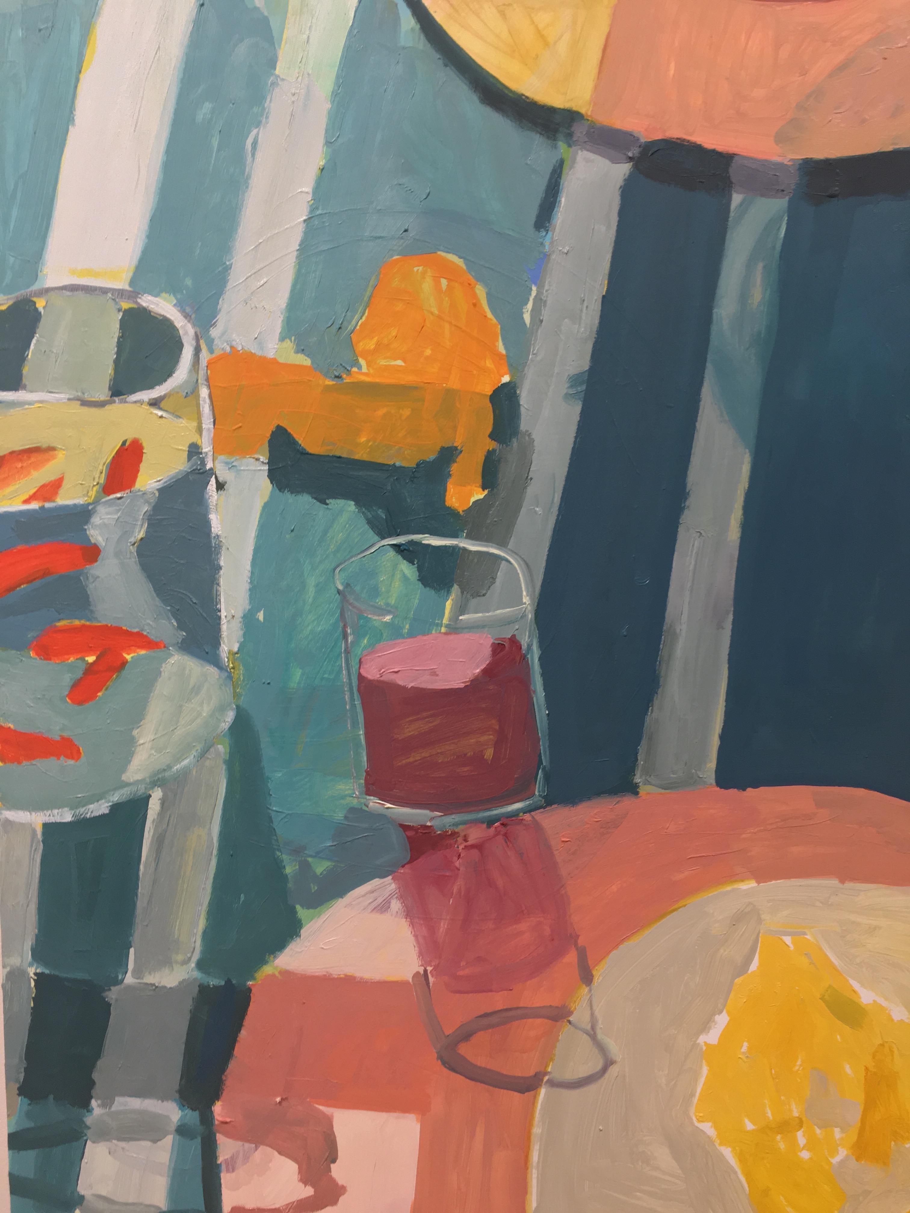Bright colors and playful patterns are dynamic and full of life in this cheerful still life painting by Virginia artist Sophie Treppendahl. Sunlight illuminates a colorful table set with a Mexican breakfast, the setting alluded to in the painting's