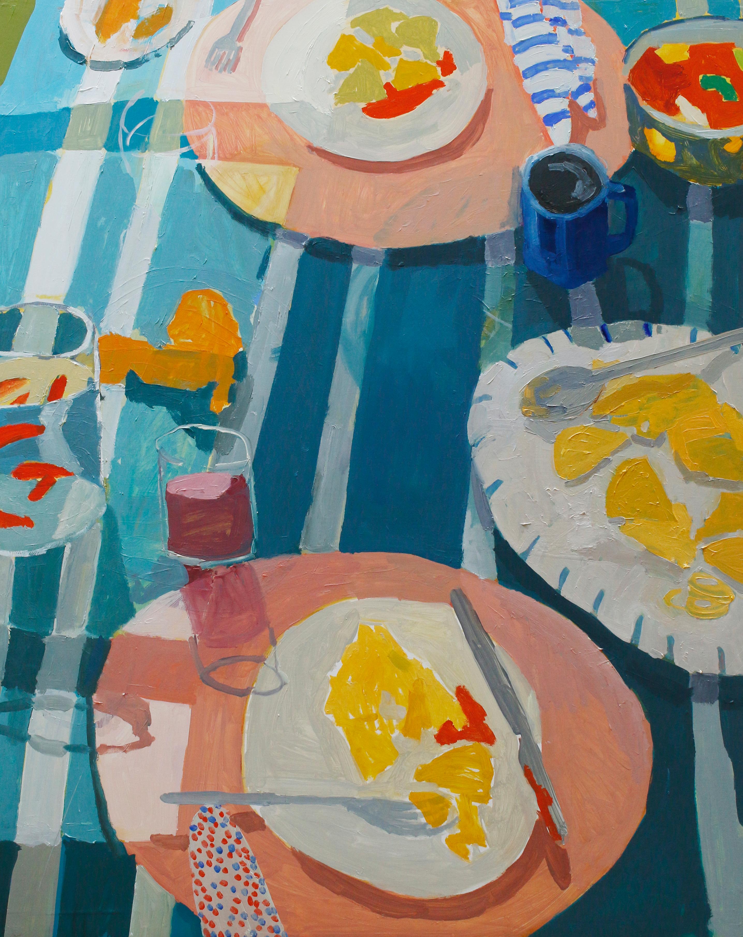 Sophie Treppendahl Interior Painting - Seven Men in Oaxaca, Still Life with Fruit and Food on Blue Striped Tablecloth