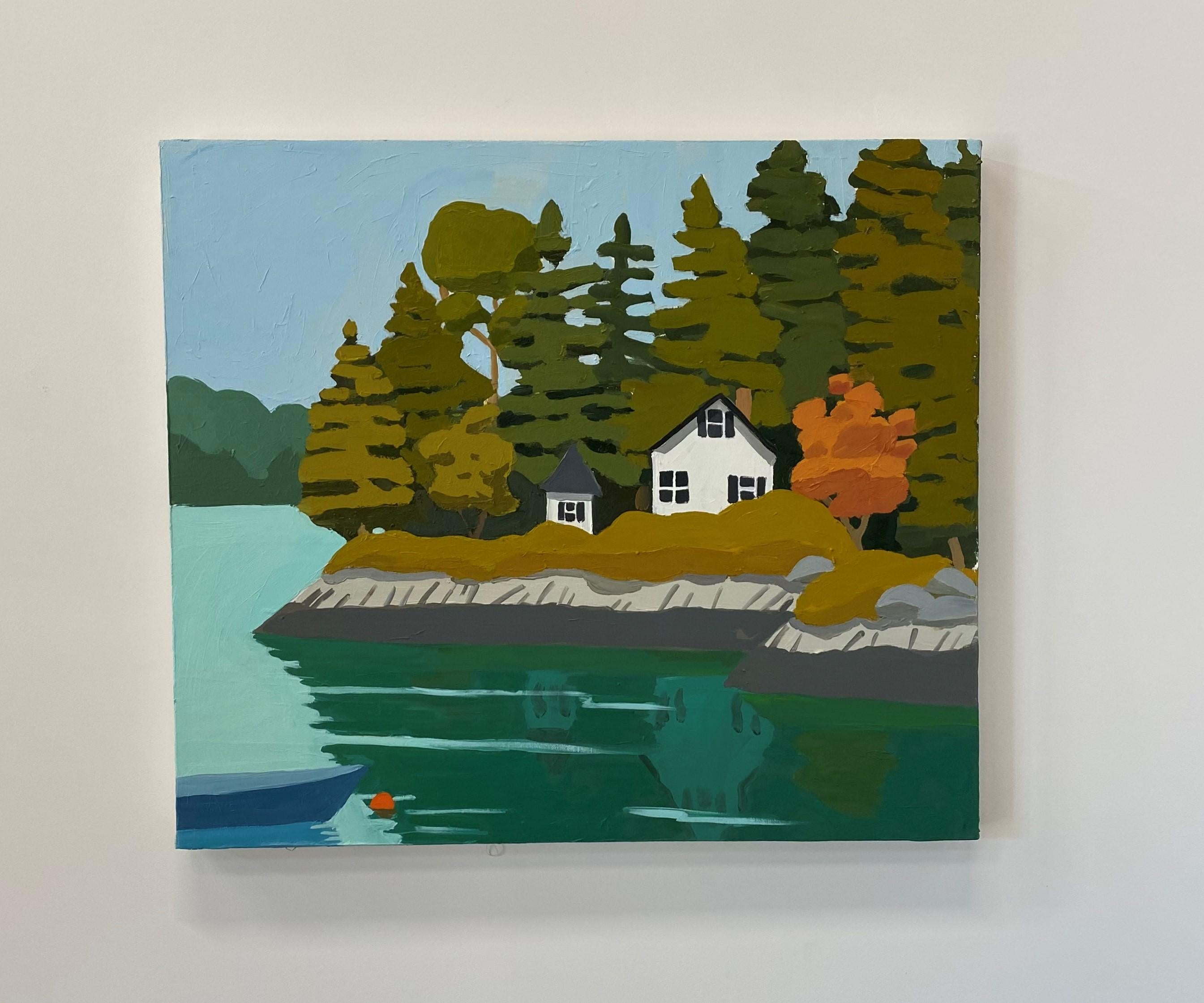 Sheep Island, Maine Landscape, Blue Water, Green Trees, White House on Shoreline 3