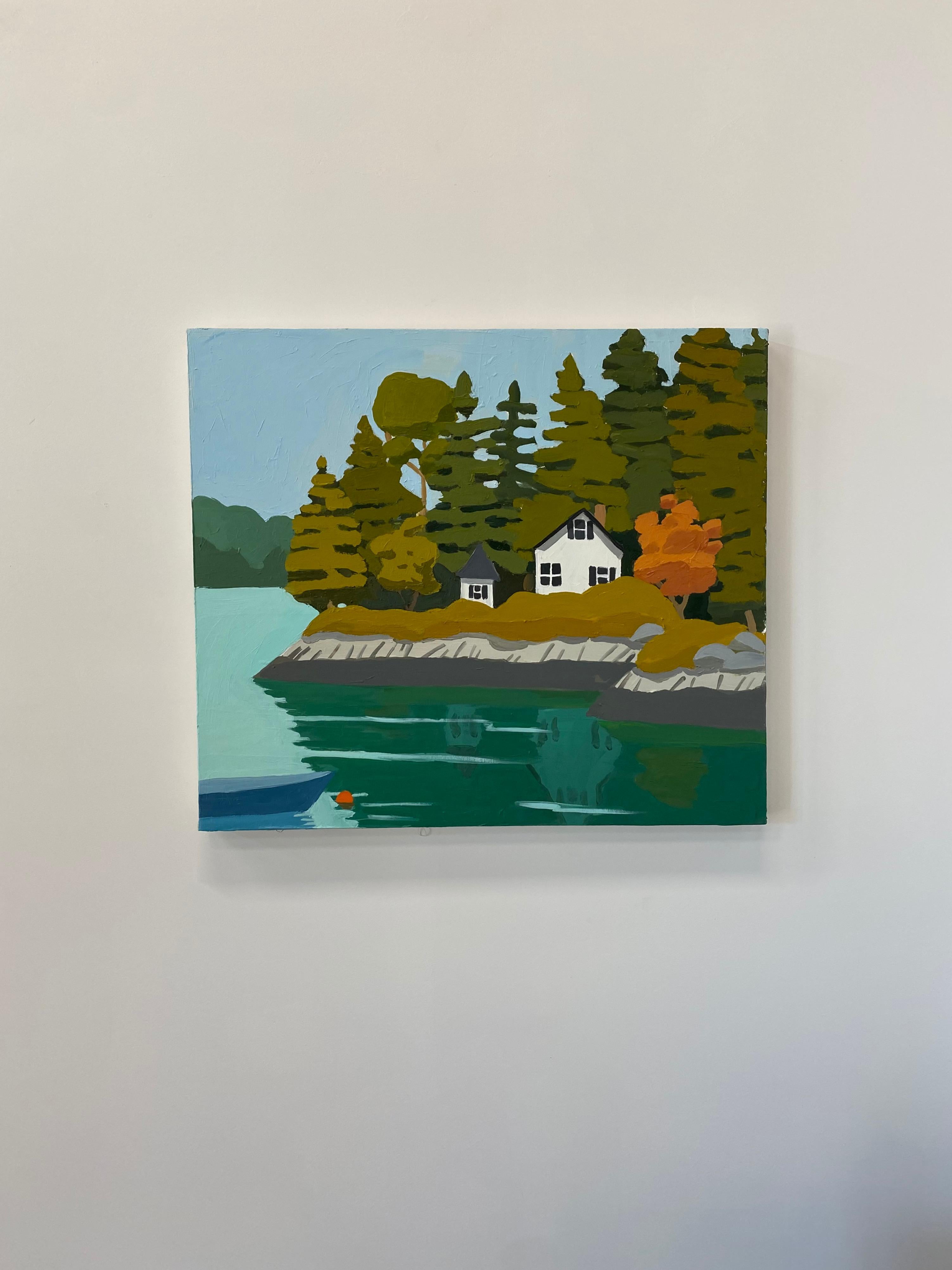 Sheep Island, Maine Landscape, Blue Water, Green Trees, White House on Shoreline - Painting by Sophie Treppendahl