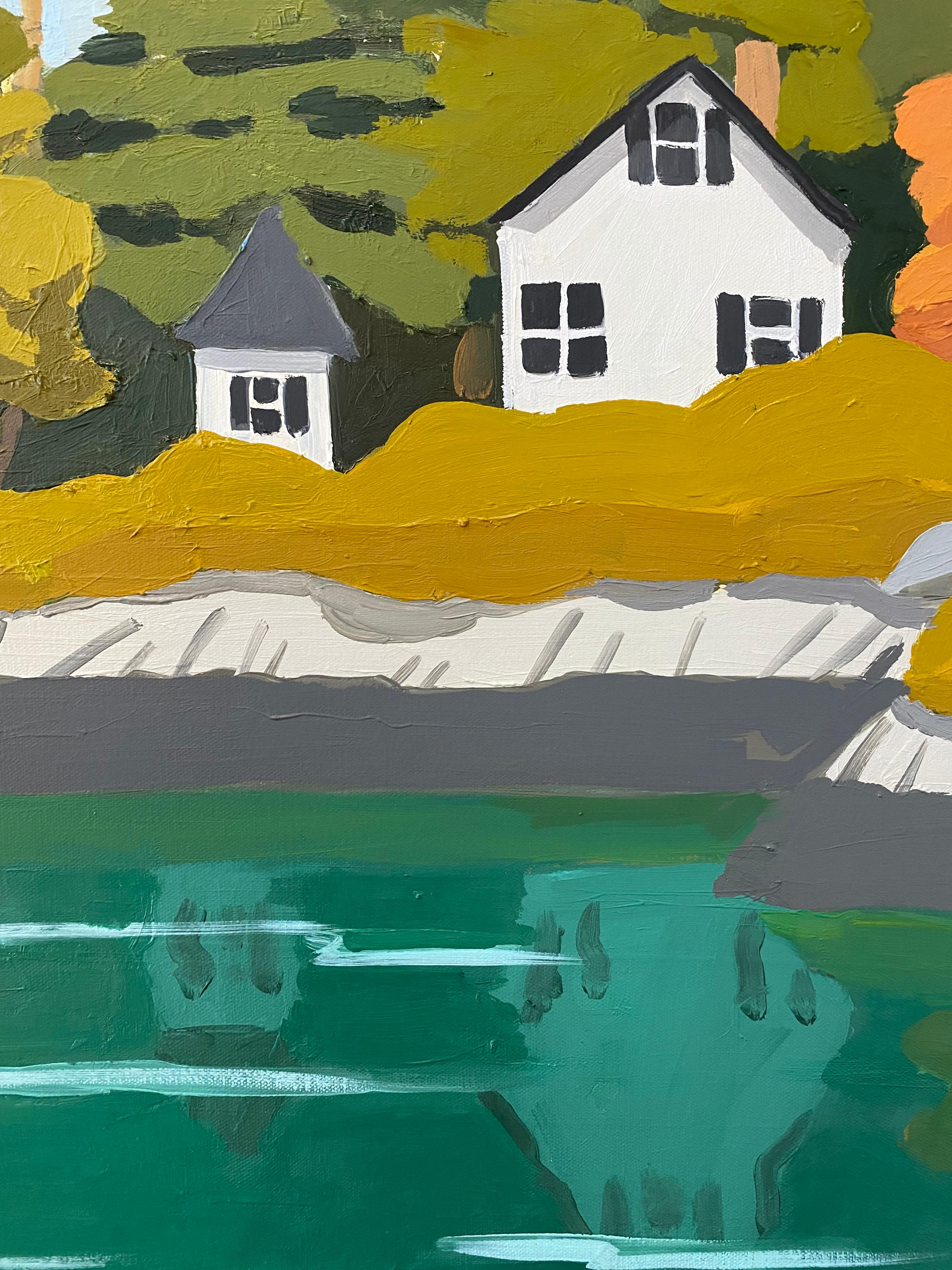 Sheep Island, Maine Landscape, Blue Water, Green Trees, White House on Shoreline - Contemporary Painting by Sophie Treppendahl