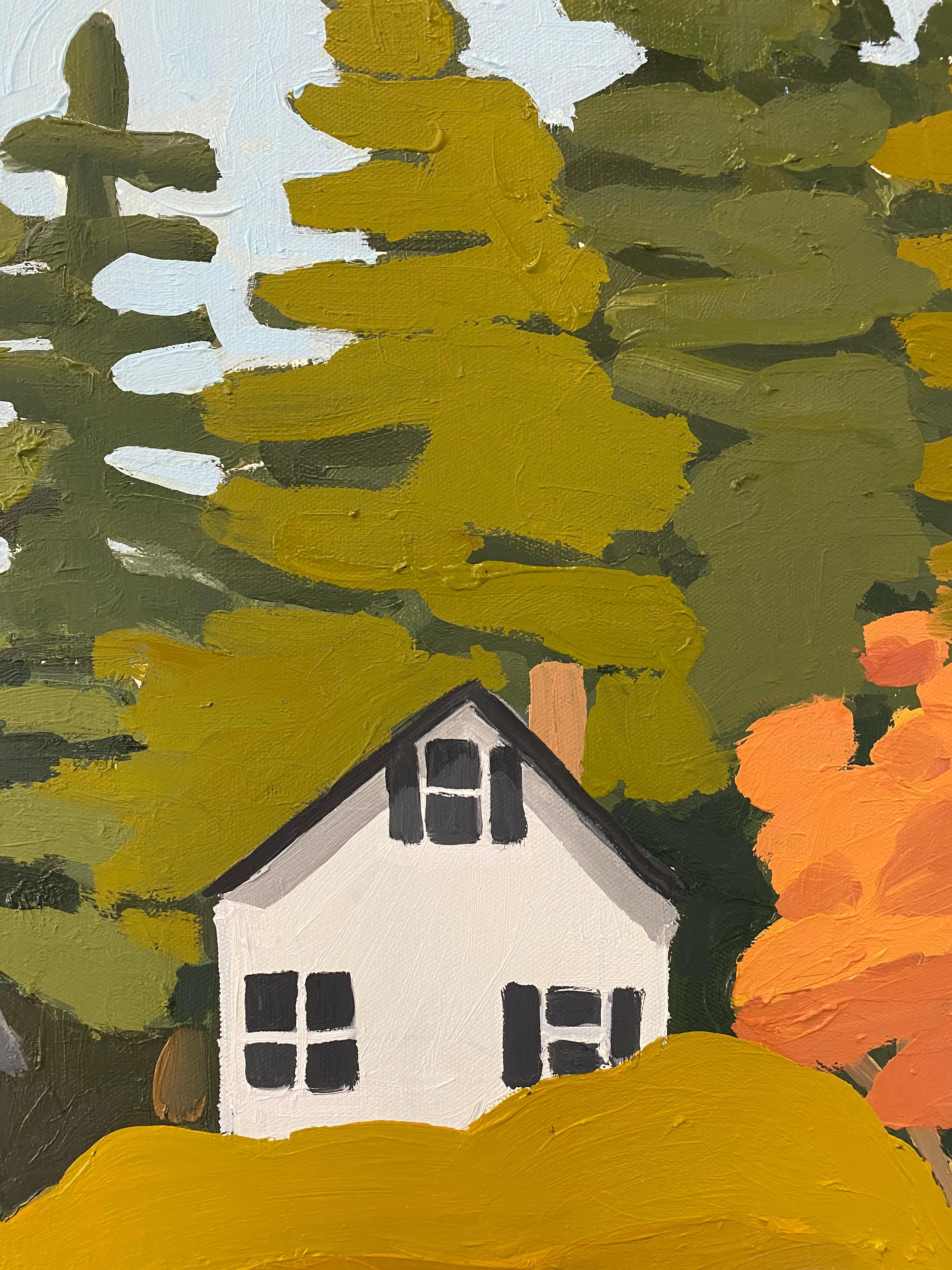 The water's edge along Sheep Island in Maine is beautifully captured in this horizontal oil painting on canvas by Chicago-based artist Sophie Treppendahl. Two white houses, green pine trees and one orange tree can be seen on the island and in the