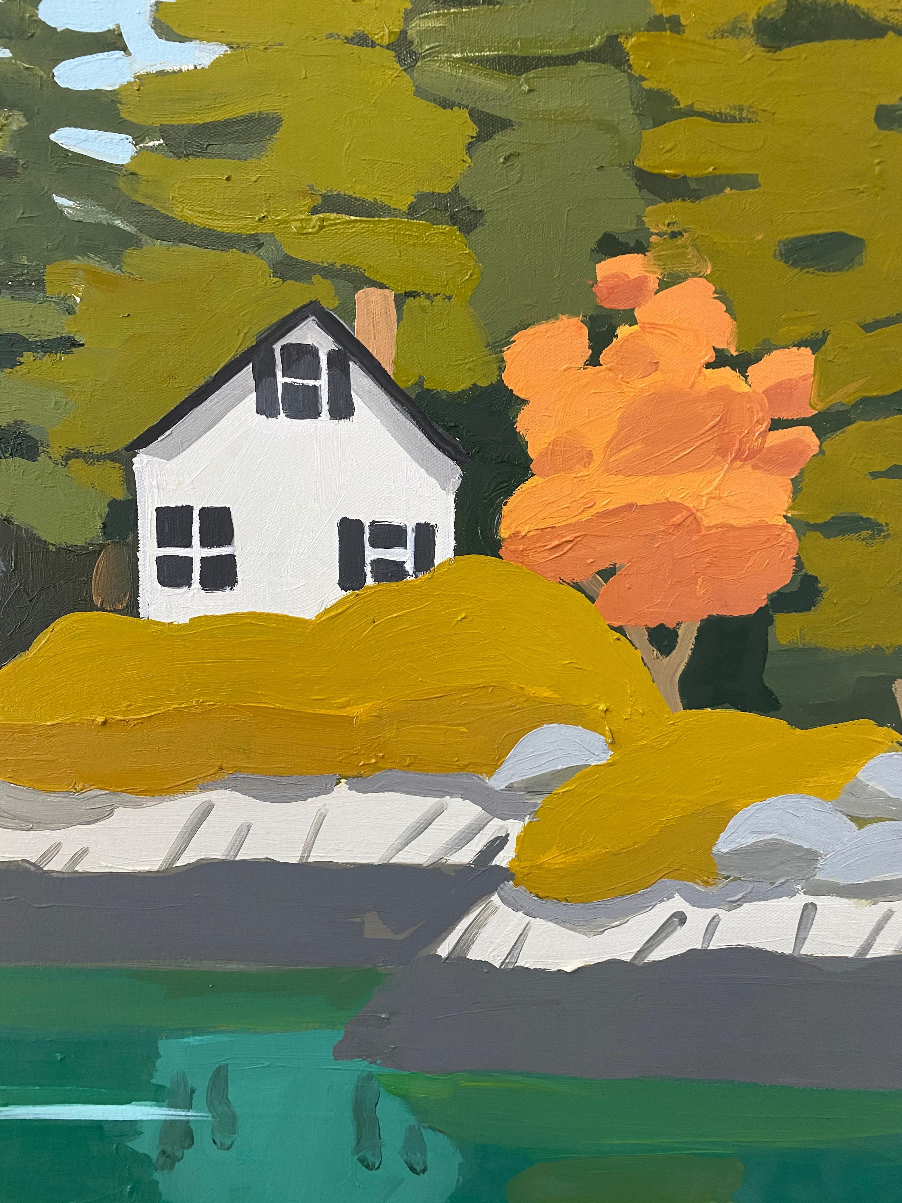 Sheep Island, Maine Landscape, Blue Water, Green Trees, White House on Shoreline 1