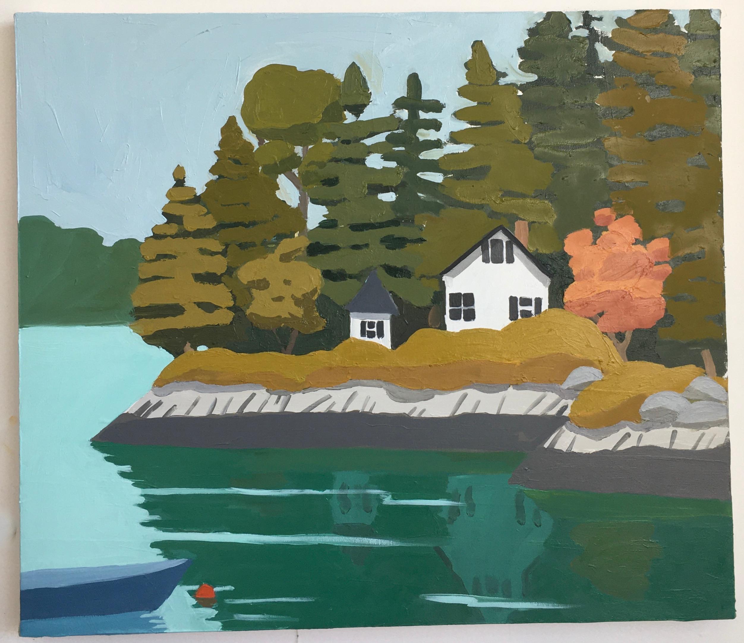 Sophie Treppendahl Landscape Painting - Sheep Island, Maine Landscape, Blue Water, Green Trees, White House on Shoreline