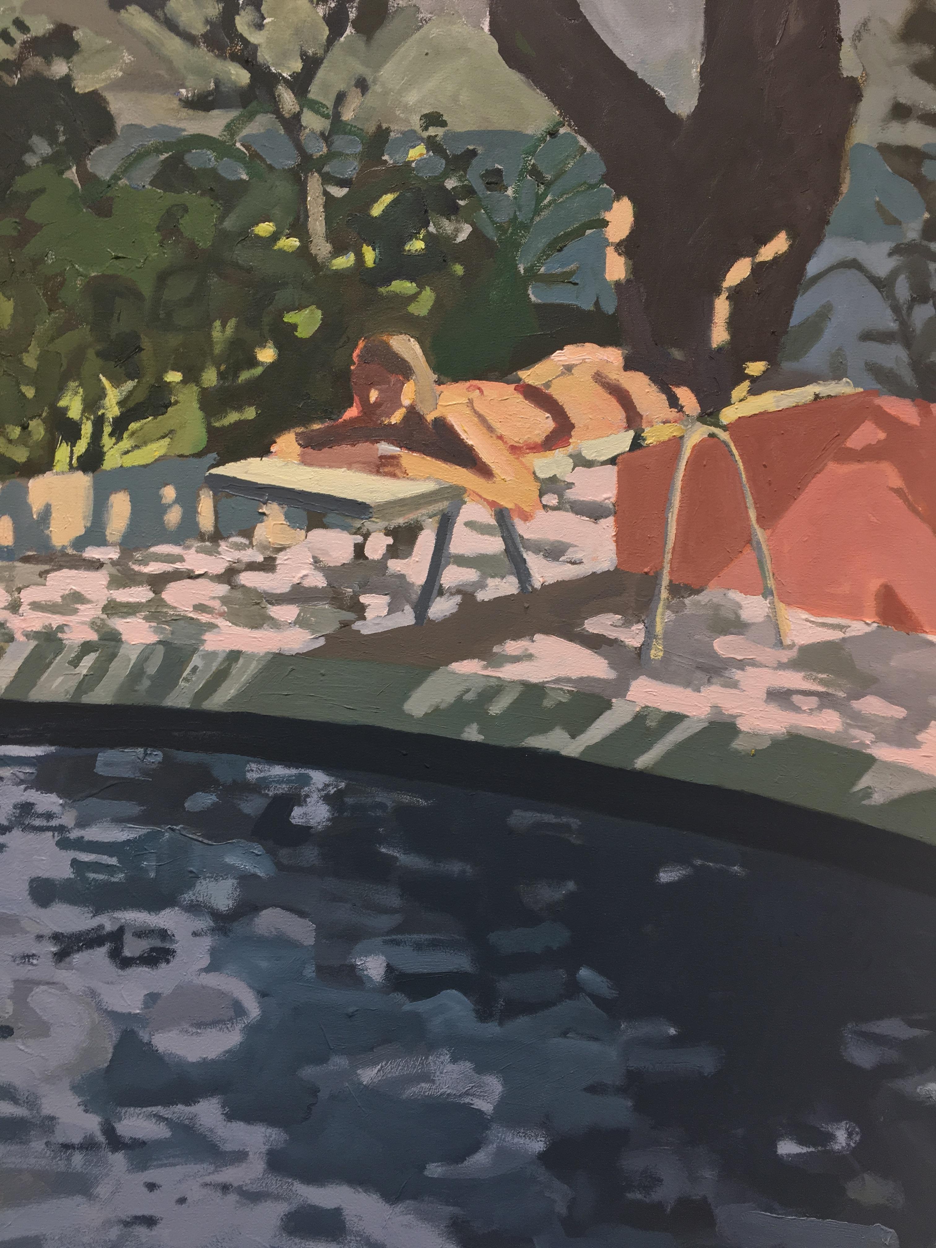 That Summer Feeling Is Gonna Haunt You, Outdoor Landscape Swimmers in Pool - Gray Landscape Painting by Sophie Treppendahl