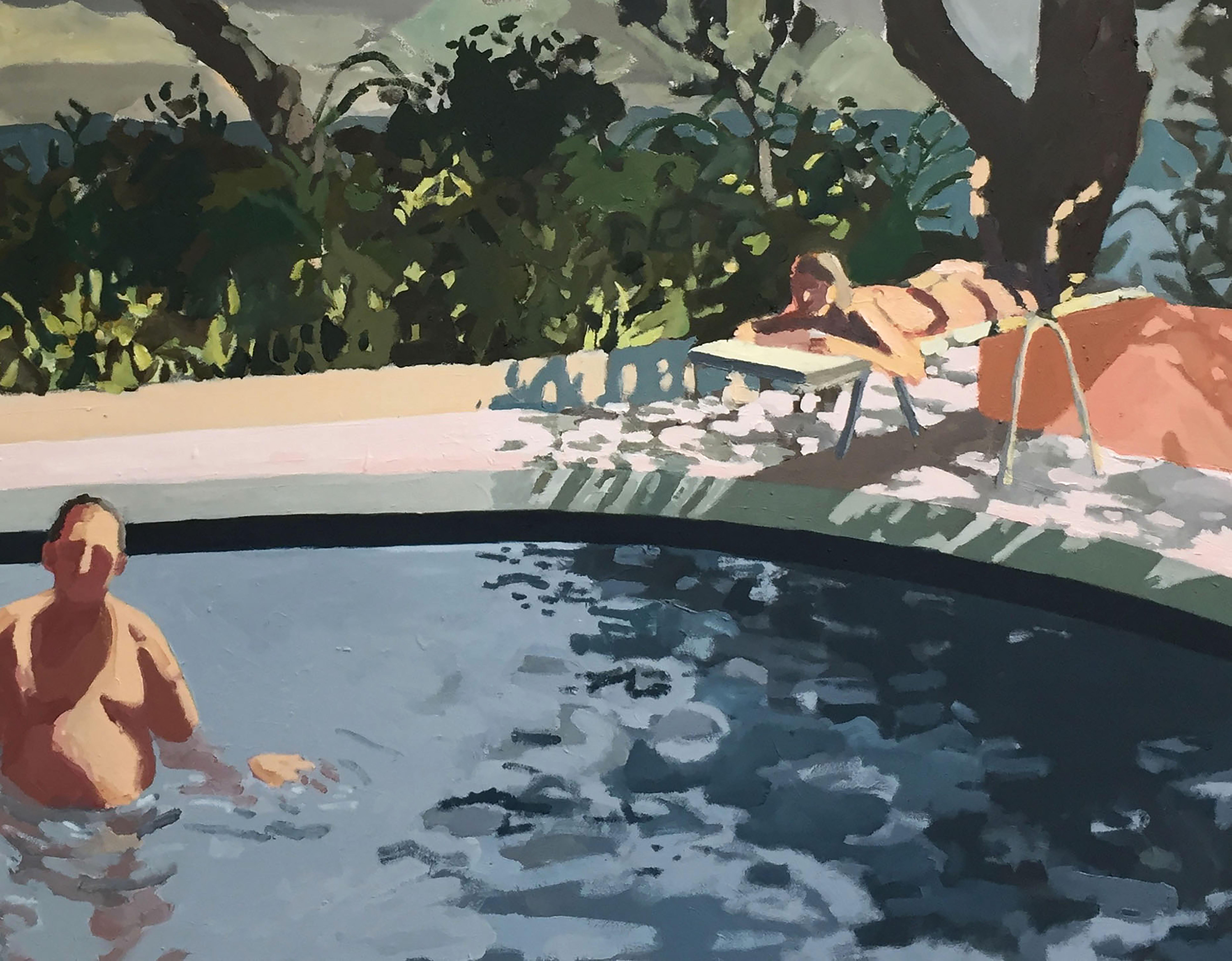 Sophie Treppendahl Landscape Painting - That Summer Feeling Is Gonna Haunt You, Outdoor Landscape Swimmers in Pool