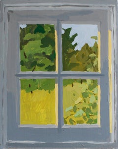 View in Chief, Michigan, Window with Trees and Sky in Gray, Green, Blue