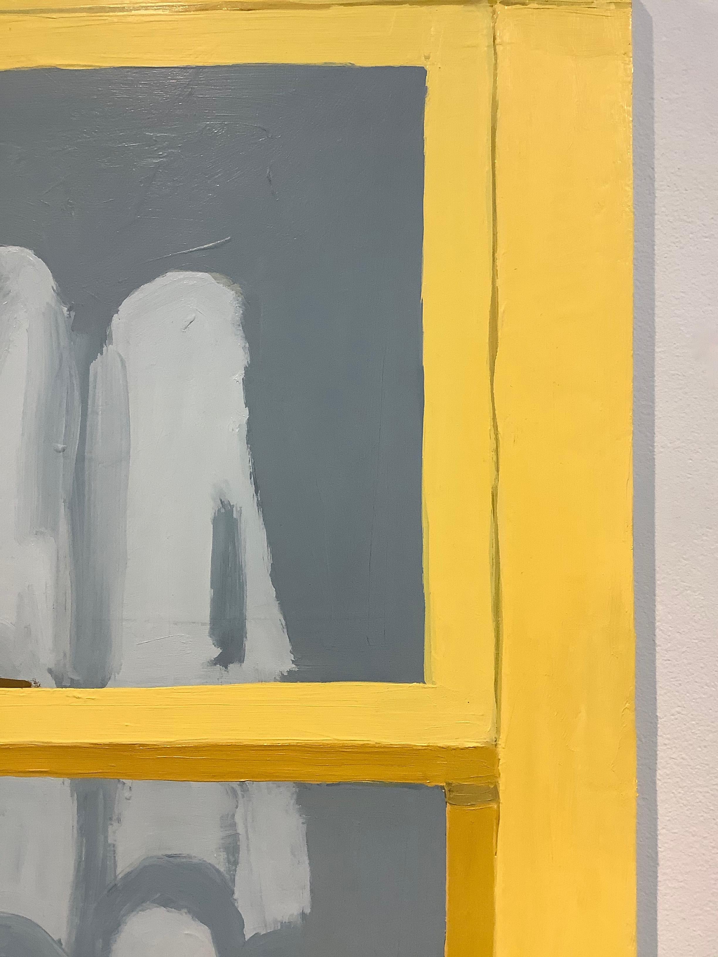 Yellow Window in Corsicana, Painting of Window, Blue Gray Curtain and Shadows 1