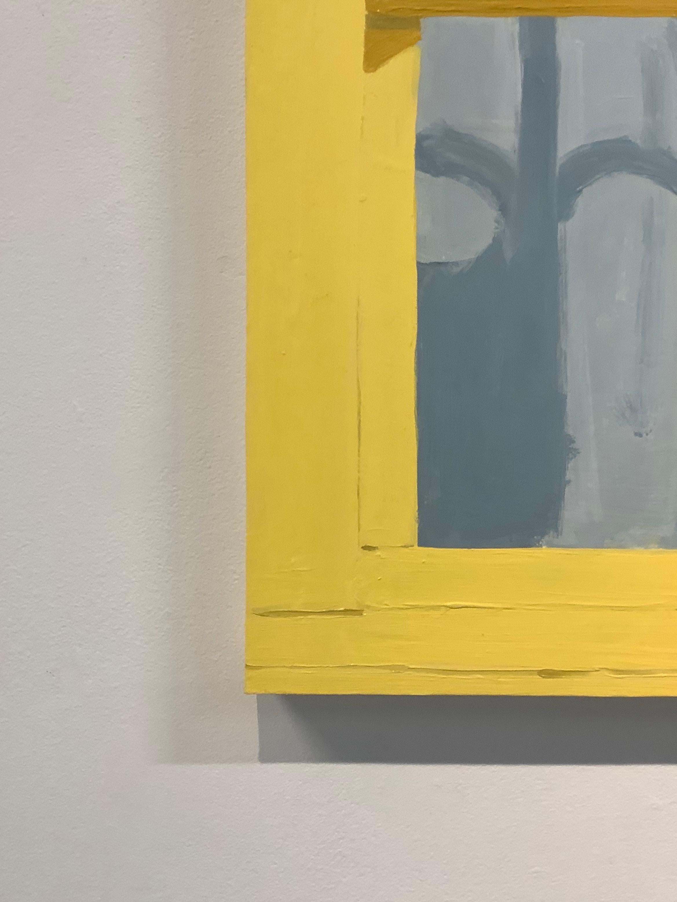 Yellow Window in Corsicana, Painting of Window, Blue Gray Curtain and Shadows 2