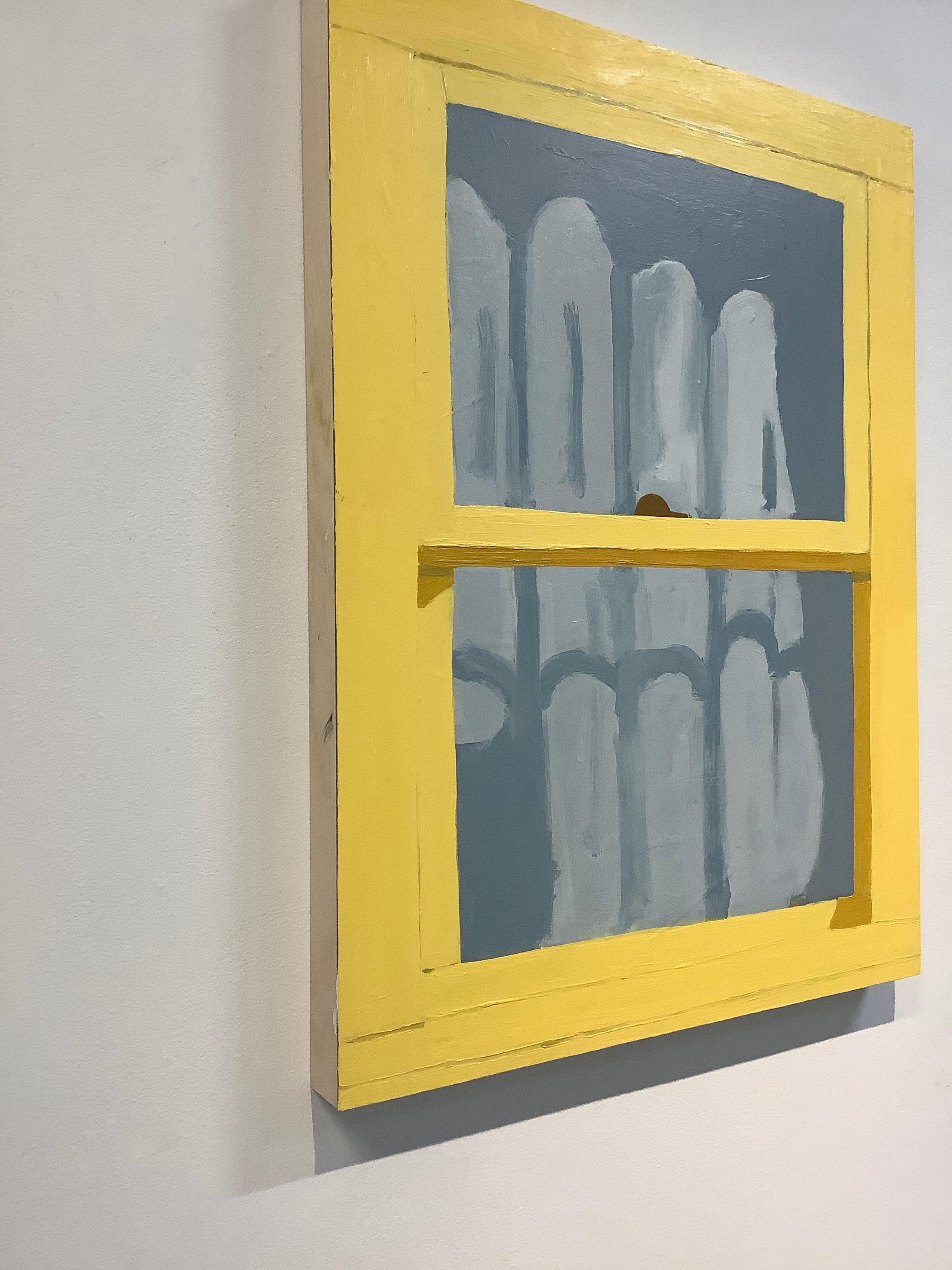 Yellow Window in Corsicana, Painting of Window, Blue Gray Curtain and Shadows 3