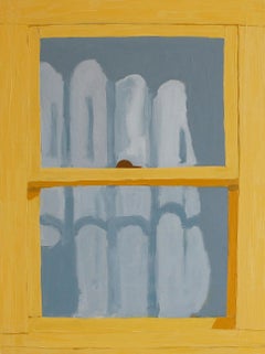 Used Yellow Window in Corsicana, Painting of Window, Blue Gray Curtain and Shadows