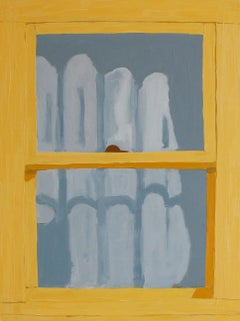 Yellow Window in Corsicana, Painting of Window, Blue Gray Curtain and Shadows