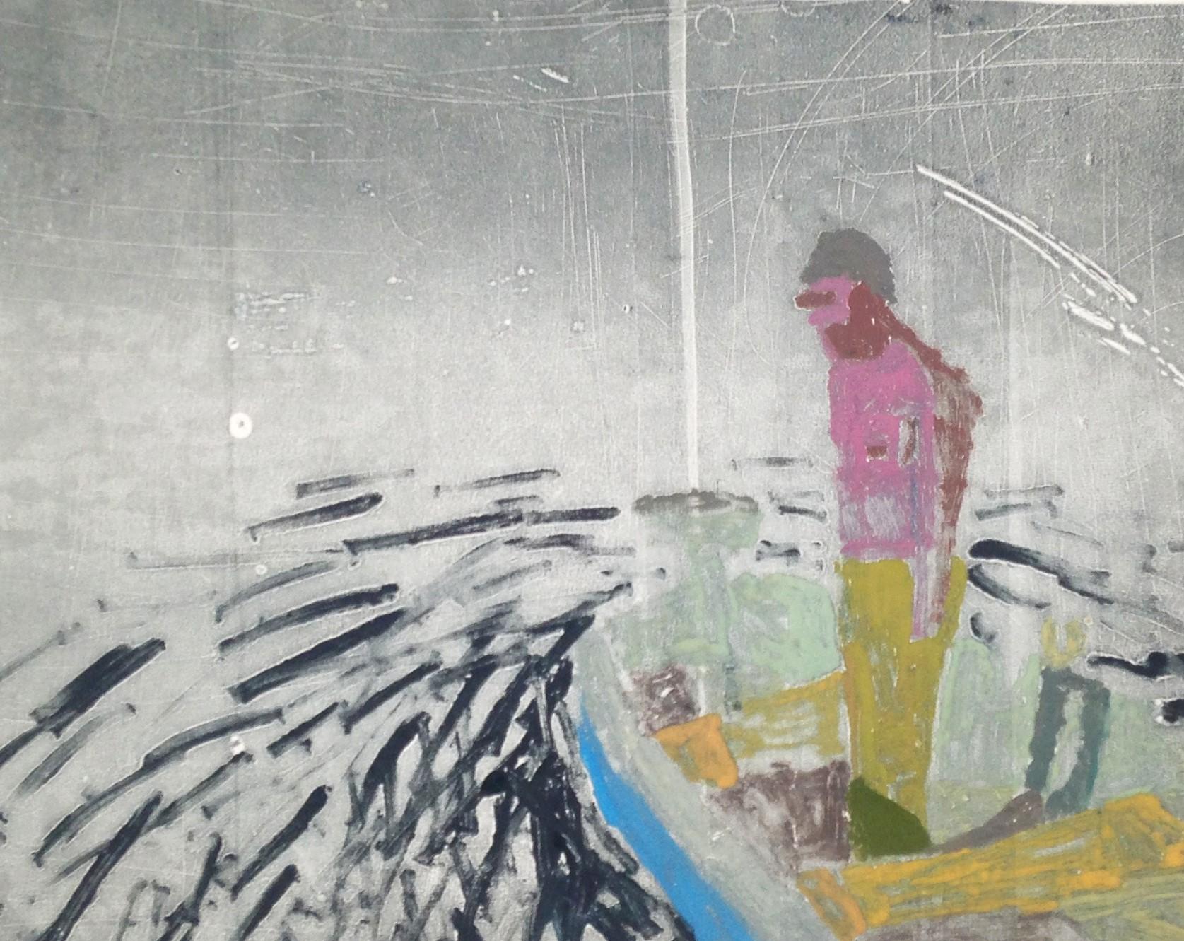 Night Boat, Monotype with Man in Pink Standing in Boat in Water at Nighttime - Print by Sophie Treppendahl