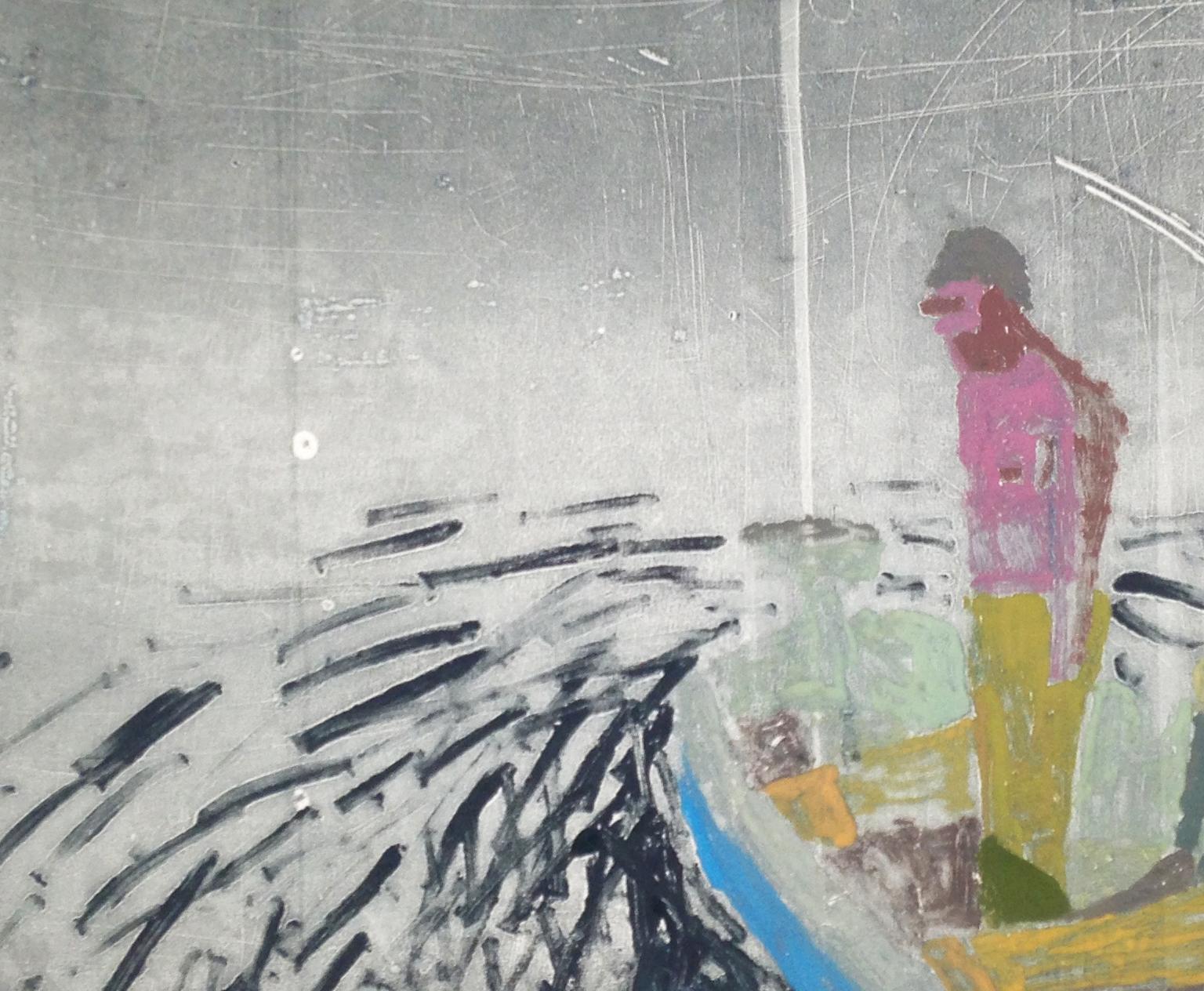 Night Boat, Monotype with Man in Pink Standing in Boat in Water at Nighttime - Contemporary Print by Sophie Treppendahl