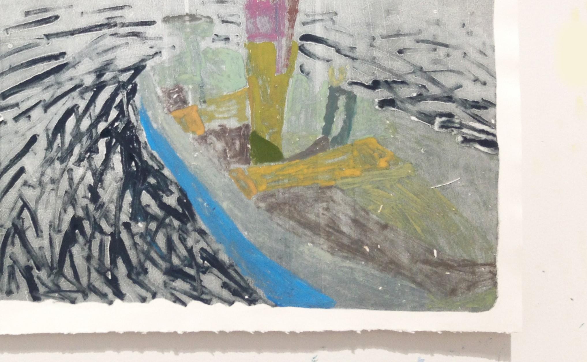 A figure clad in a pink shirt and greenish yellow pants stands in a solitary blue boat with yellow seats floating in water at night in this monotype by artist Sophie Treppendahl. The boat makes navy blue ripples throughout the gray water that