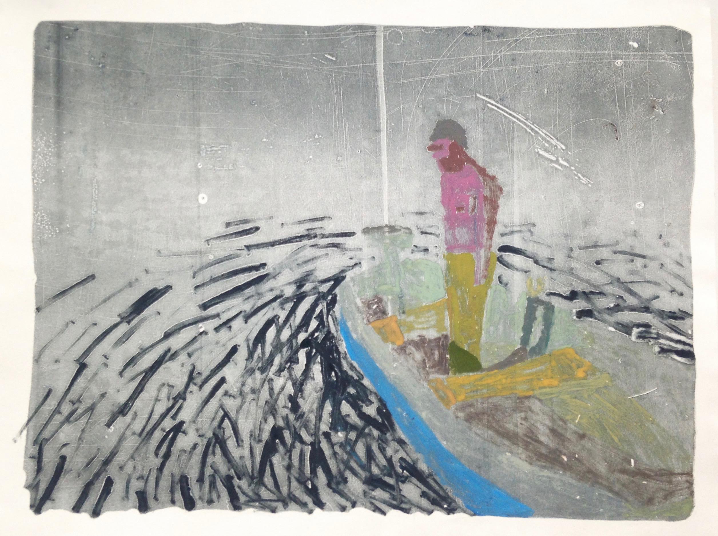 Sophie Treppendahl Landscape Print - Night Boat, Monotype with Man in Pink Standing in Boat in Water at Nighttime
