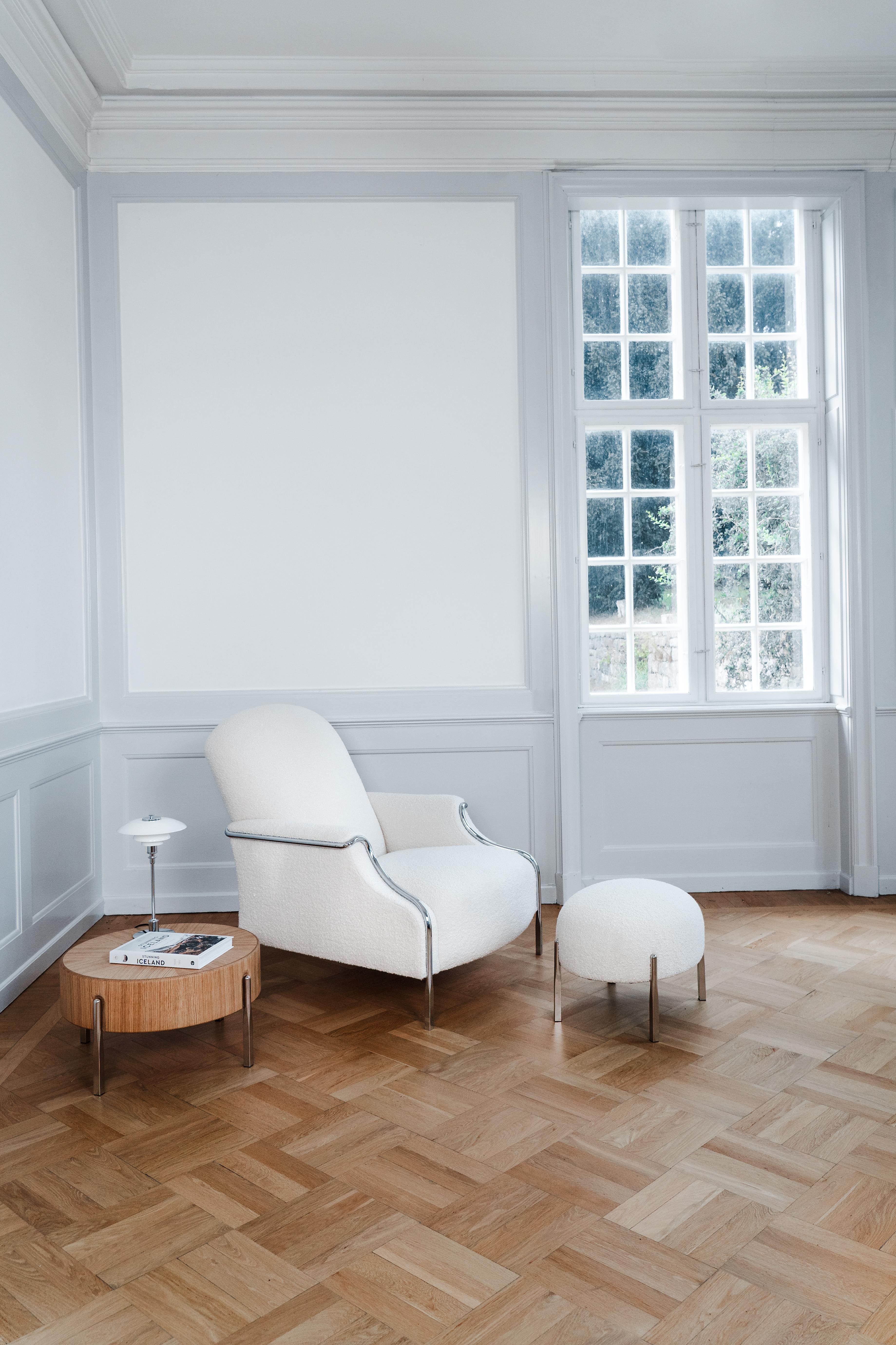 Danish Sophisticate Stool - chrome steel tube legs with boucle upholstery For Sale