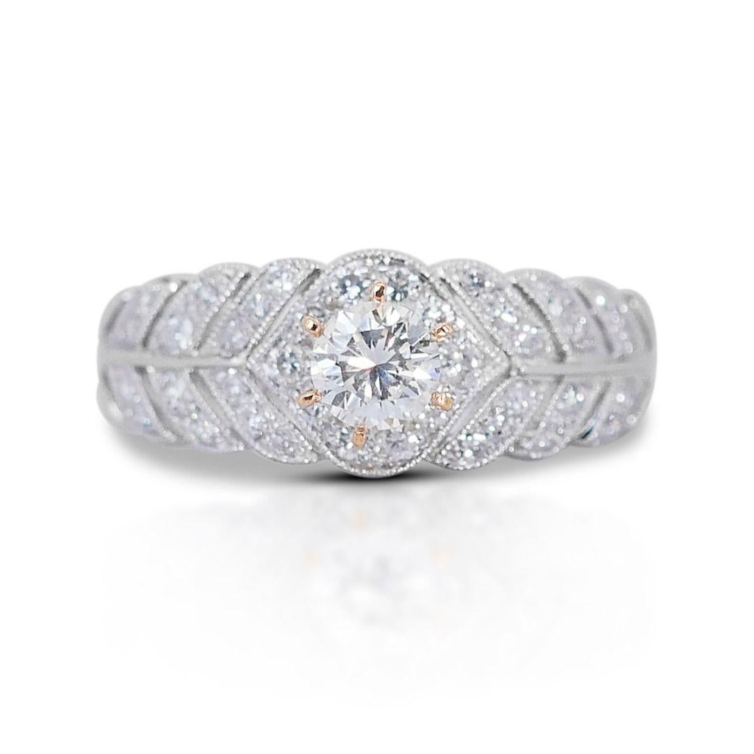 Round Cut Sophisticated 0.58ct Pave Diamond Ring set in Platinum For Sale