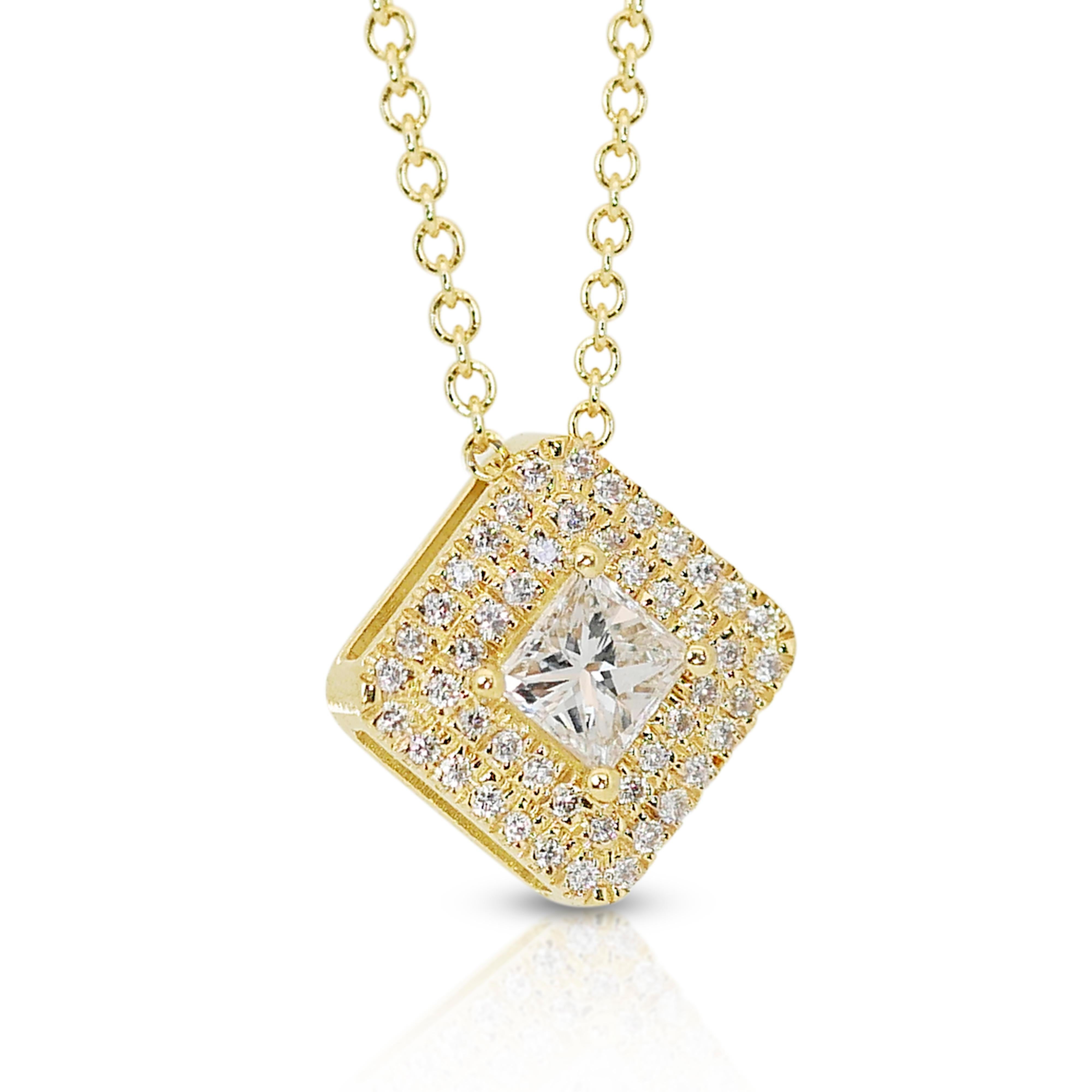 Princess Cut Sophisticated 0.60ct Diamonds Double Halo Necklace in 18k Yellow Gold - IGI Cert For Sale
