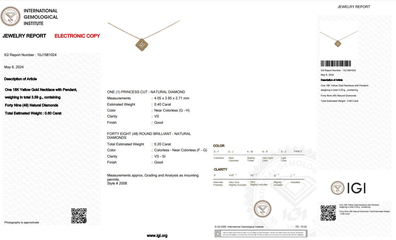 Collier sophistiqué double halo de diamants 0,60 carat en or jaune 18 carats, certifié IGI Pour femmes en vente