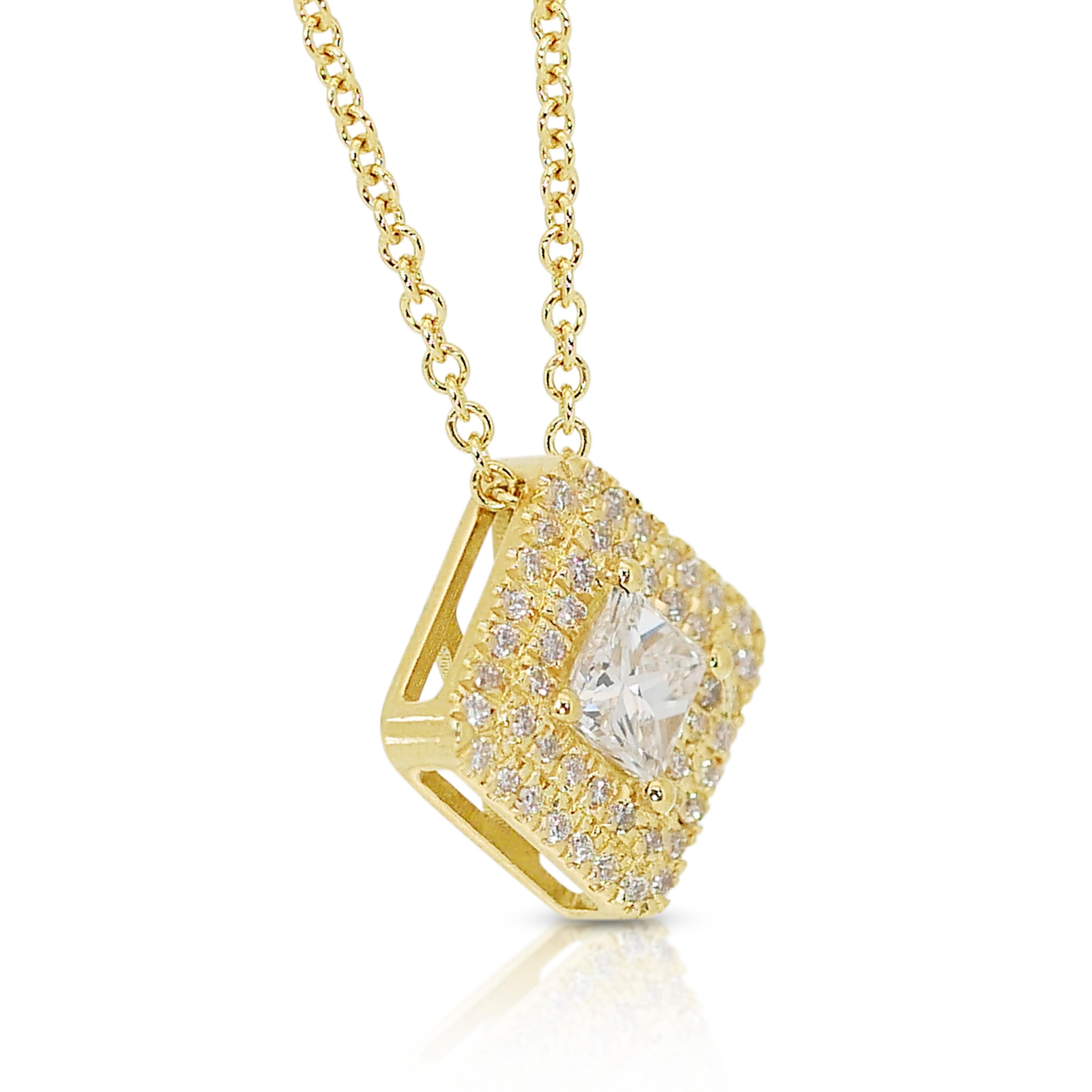 Sophisticated 0.60ct Diamonds Double Halo Necklace in 18k Yellow Gold - IGI Cert For Sale 1