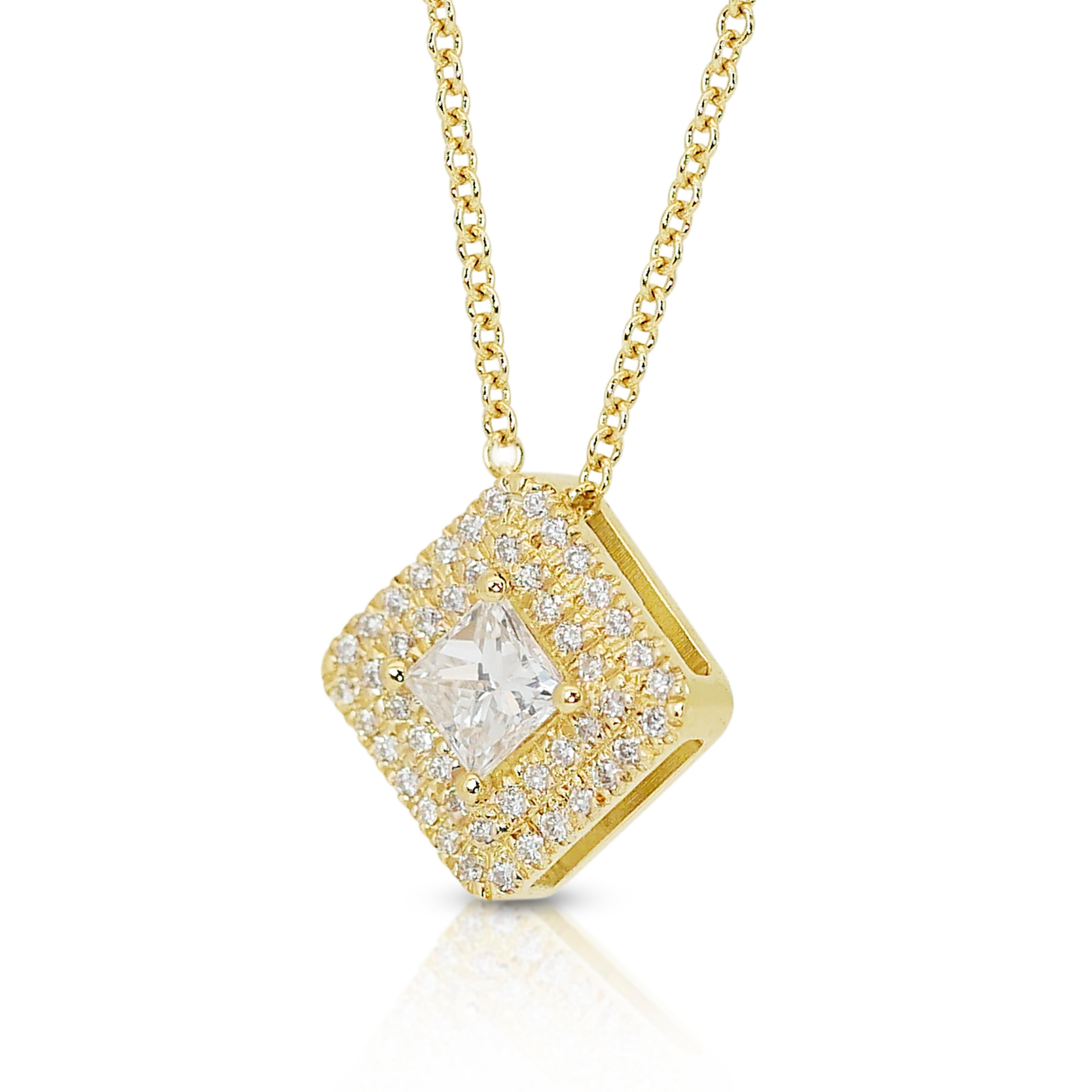 Sophisticated 0.60ct Diamonds Double Halo Necklace in 18k Yellow Gold - IGI Cert For Sale 2