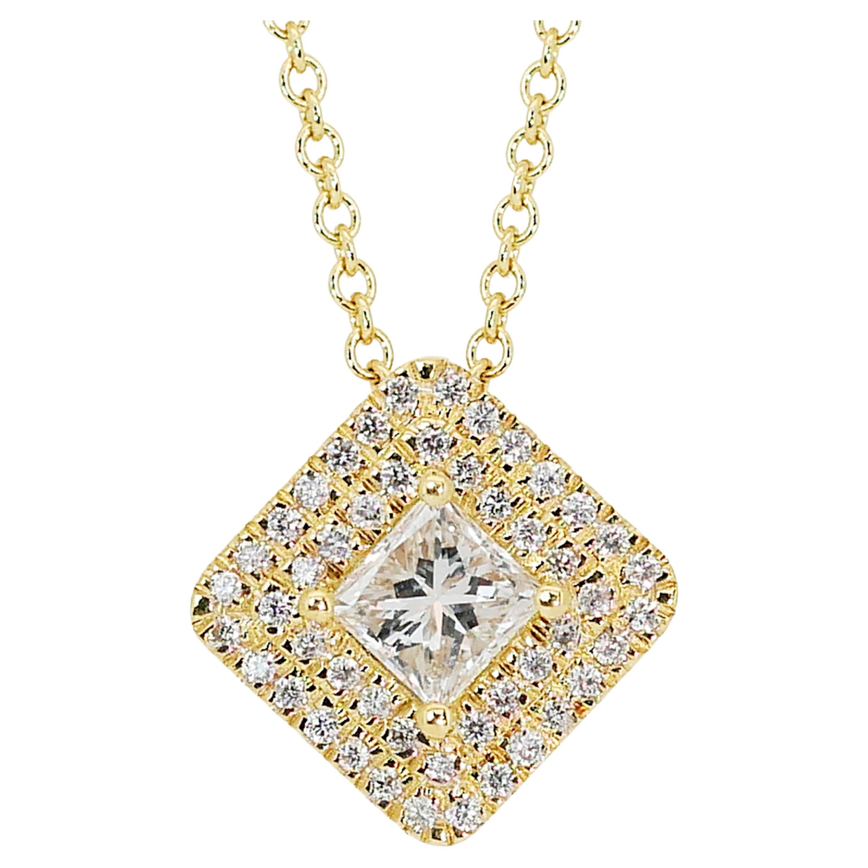 Sophisticated 0.60ct Diamonds Double Halo Necklace in 18k Yellow Gold - IGI Cert For Sale