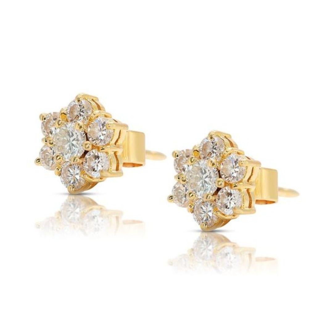 Round Cut Sophisticated 0.70ct Flower-shaped Diamond Stud Earrings in 20K Yellow Gold For Sale