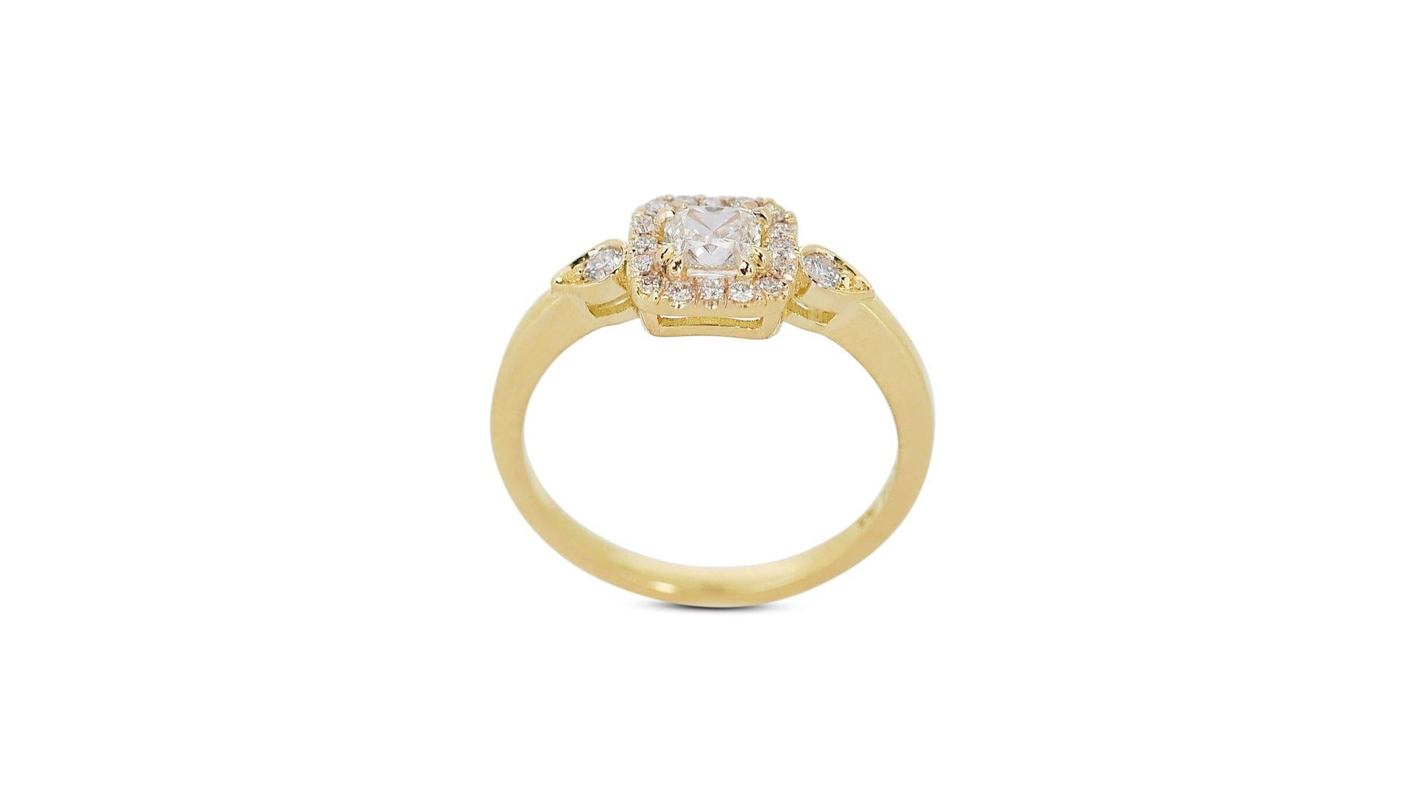 Cushion Cut Sophisticated 0.96ct Diamonds Halo Ring in 18k Yellow Gold - GIA Certified For Sale