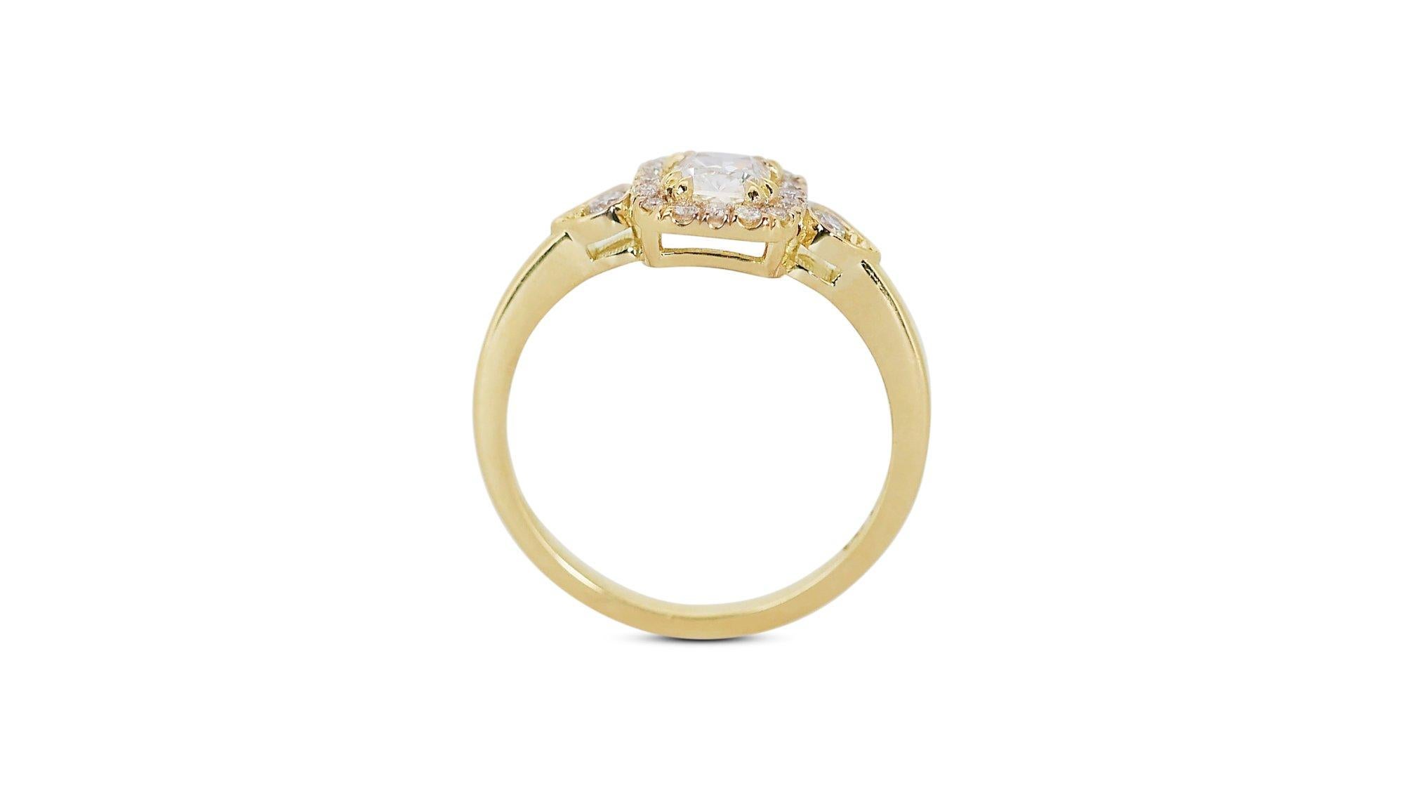 Sophisticated 0.96ct Diamonds Halo Ring in 18k Yellow Gold - GIA Certified For Sale 3