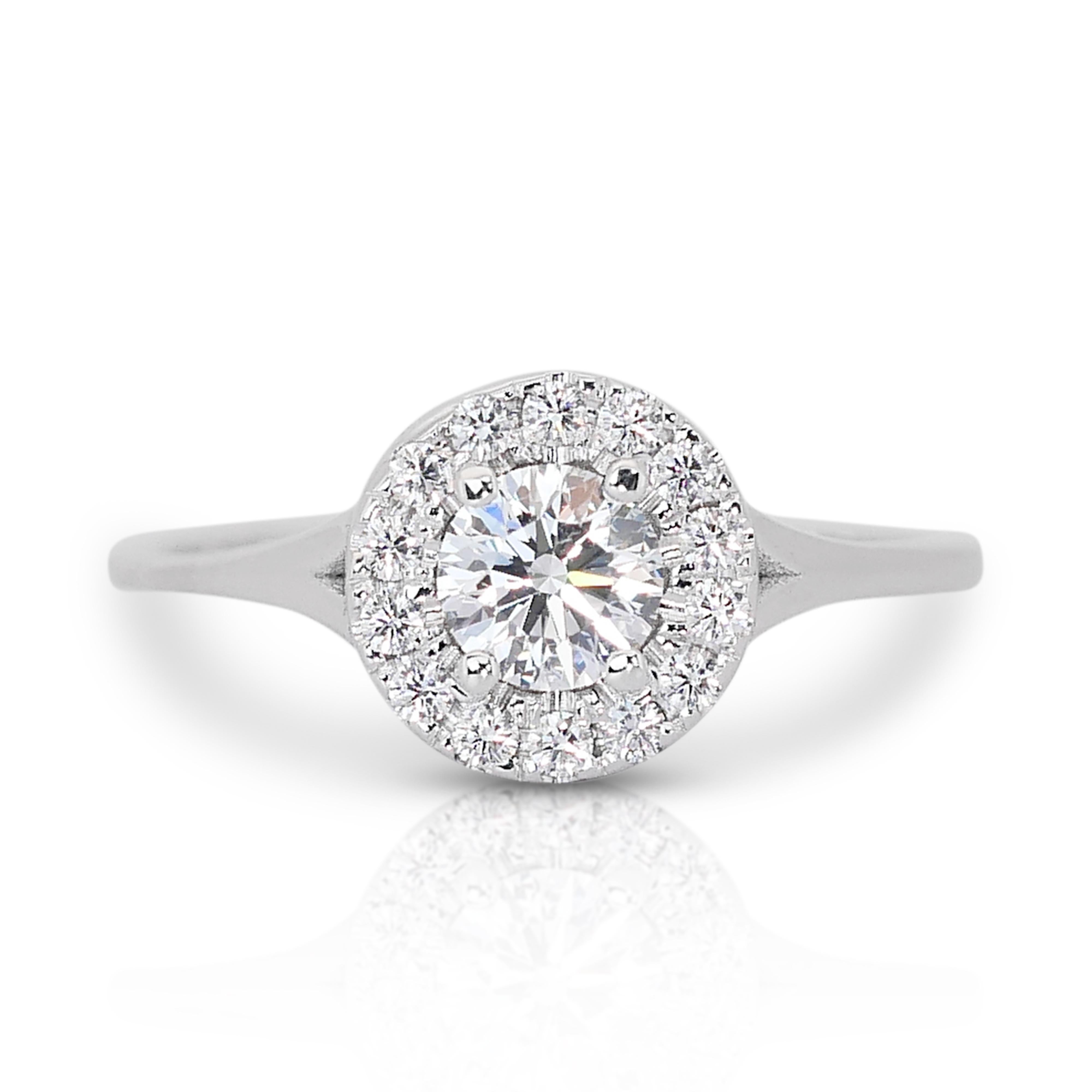 Sophisticated 0.89ct Triple Excellent Ideal Cut Diamonds Halo Ring For Sale 3