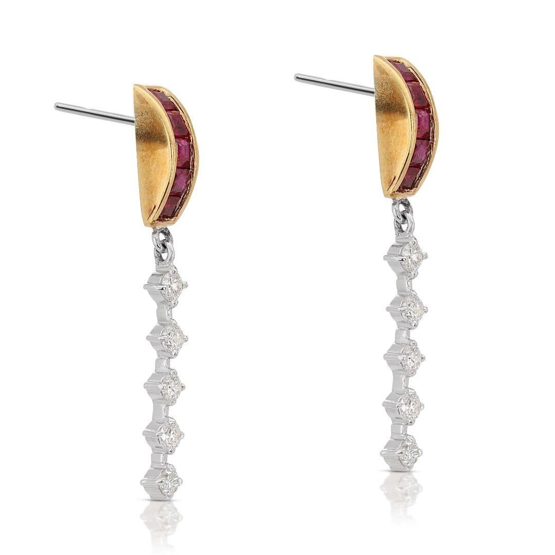 Sophisticated 0.90ct Ruby and Diamond Dangling Earrings set in 14K Yellow Gold In New Condition For Sale In רמת גן, IL