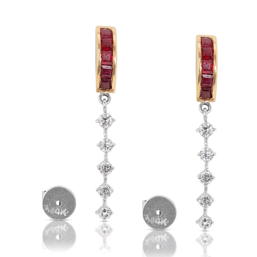 Women's Sophisticated 0.90ct Ruby and Diamond Dangling Earrings set in 14K Yellow Gold For Sale